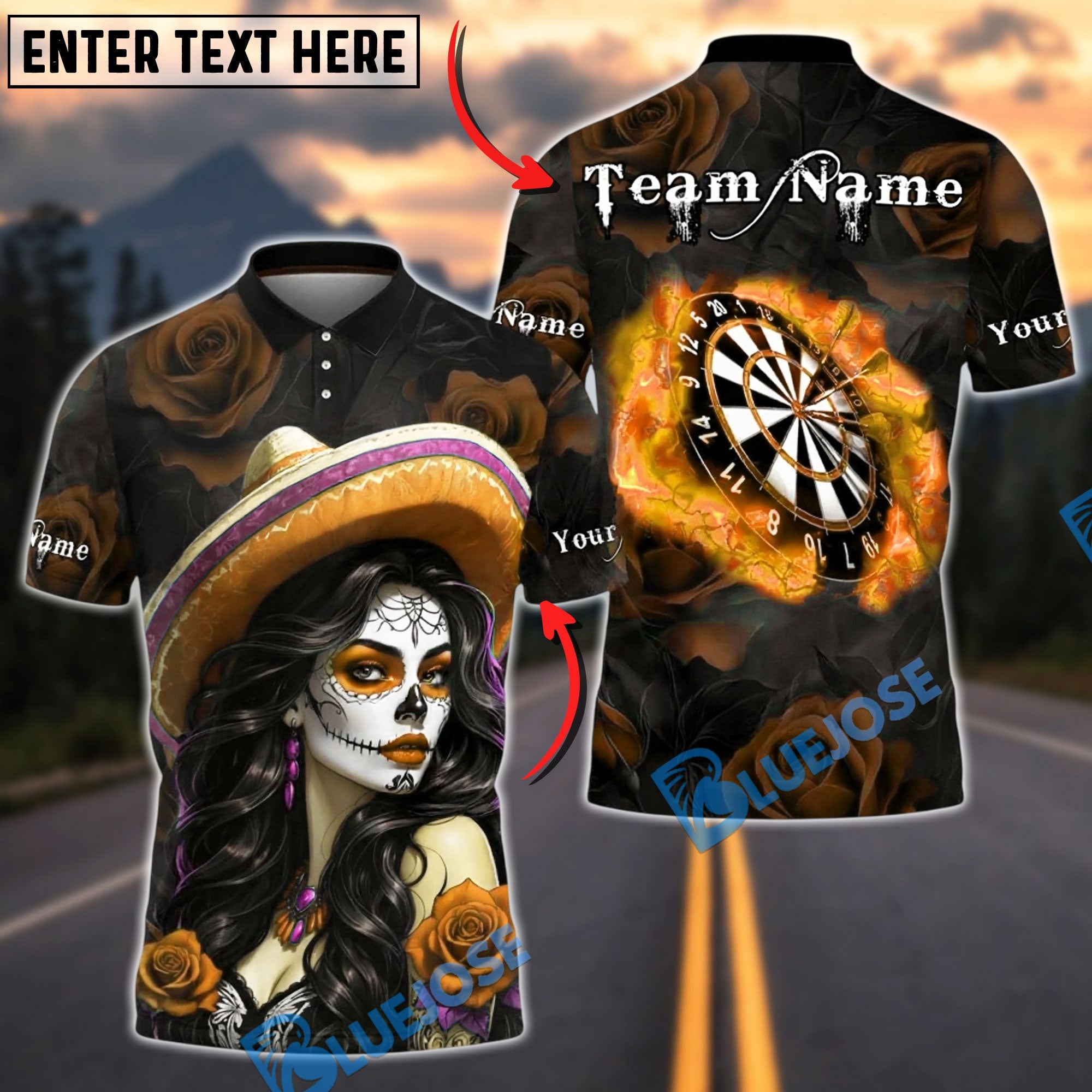 BlueJose Darts Dartboard Day of the Dead Girl Roses Skull Art Personalized Name, Team Name Unisex Shirt (6 Colors)
