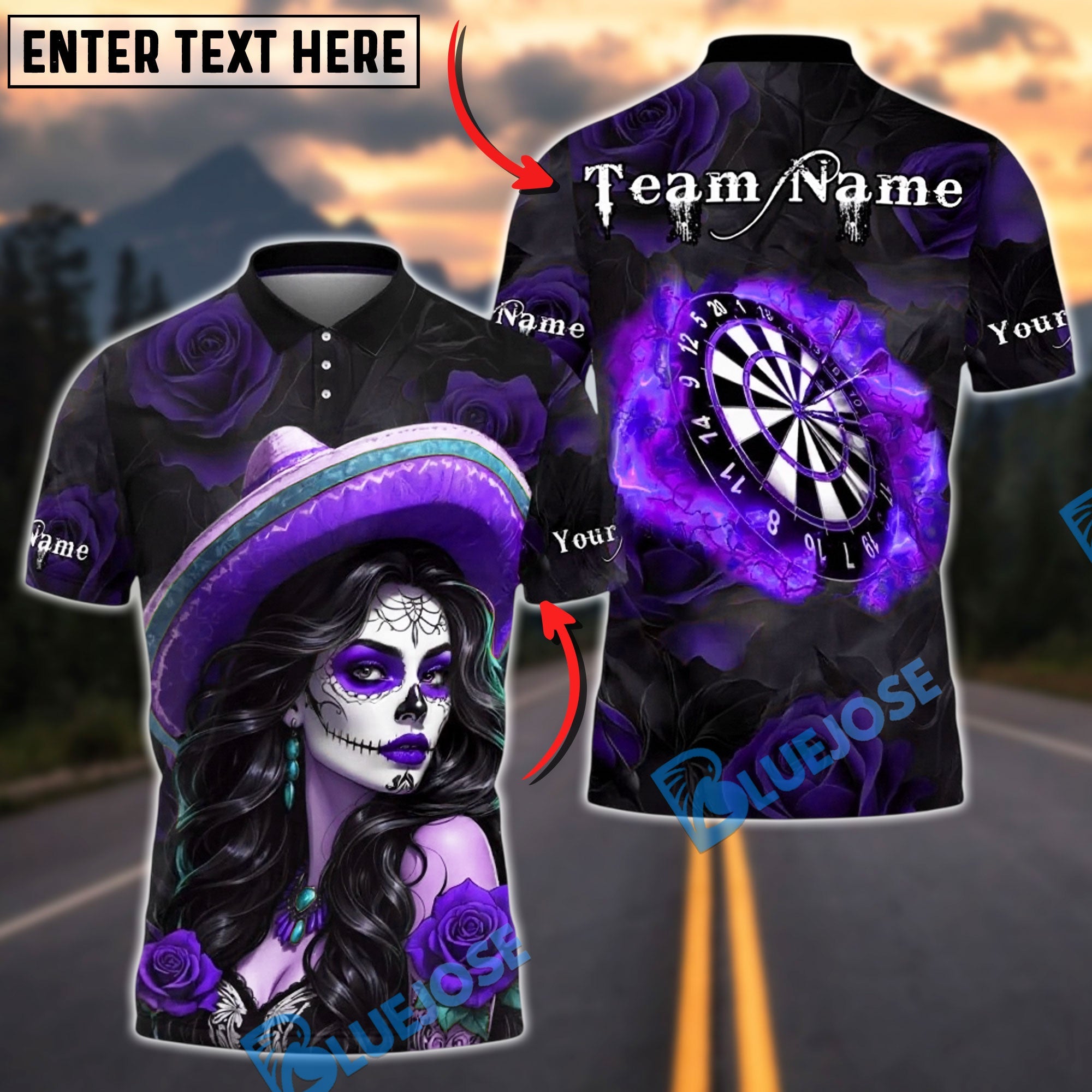 BlueJose Darts Dartboard Day of the Dead Girl Roses Skull Art Personalized Name, Team Name Unisex Shirt (6 Colors)