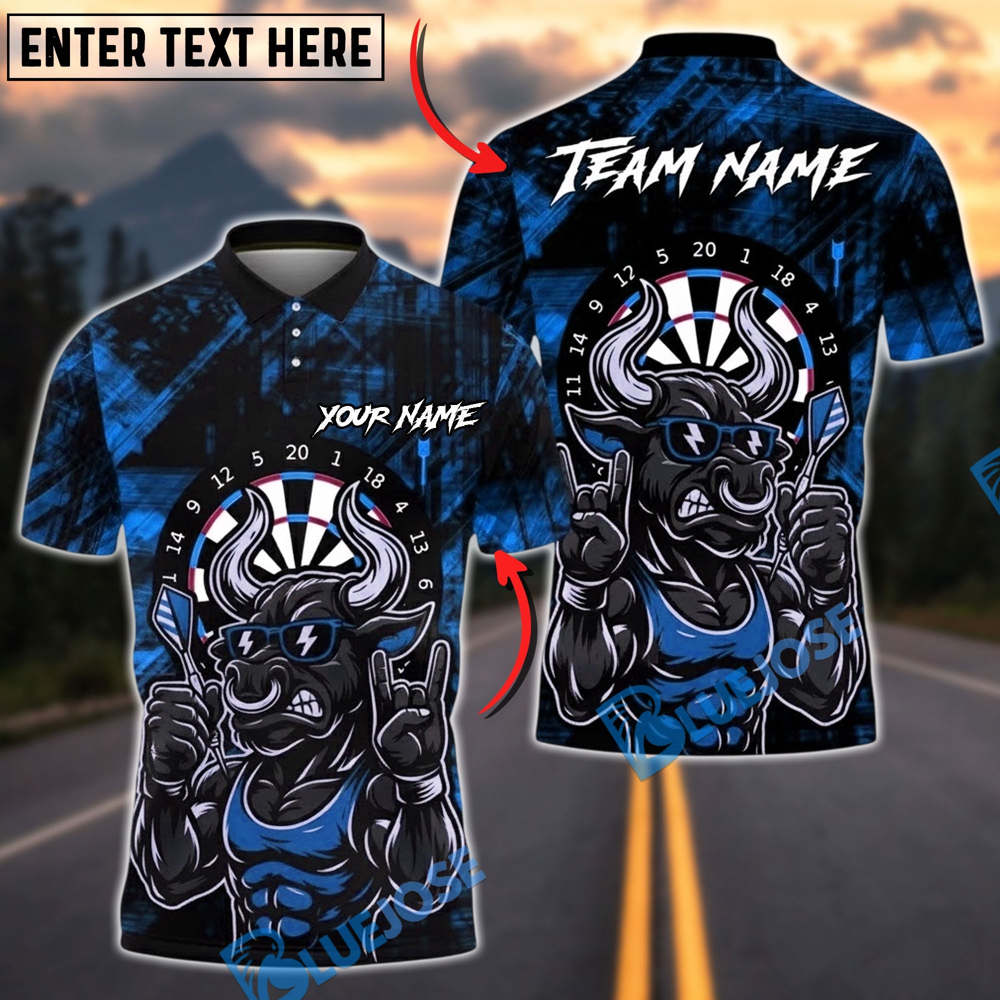 BlueJose Darts Dartboard Muscle Bull Rock N‚Äô Roll Grunge Personalized Name, Team Name Unisex Shirt (4 Colors)