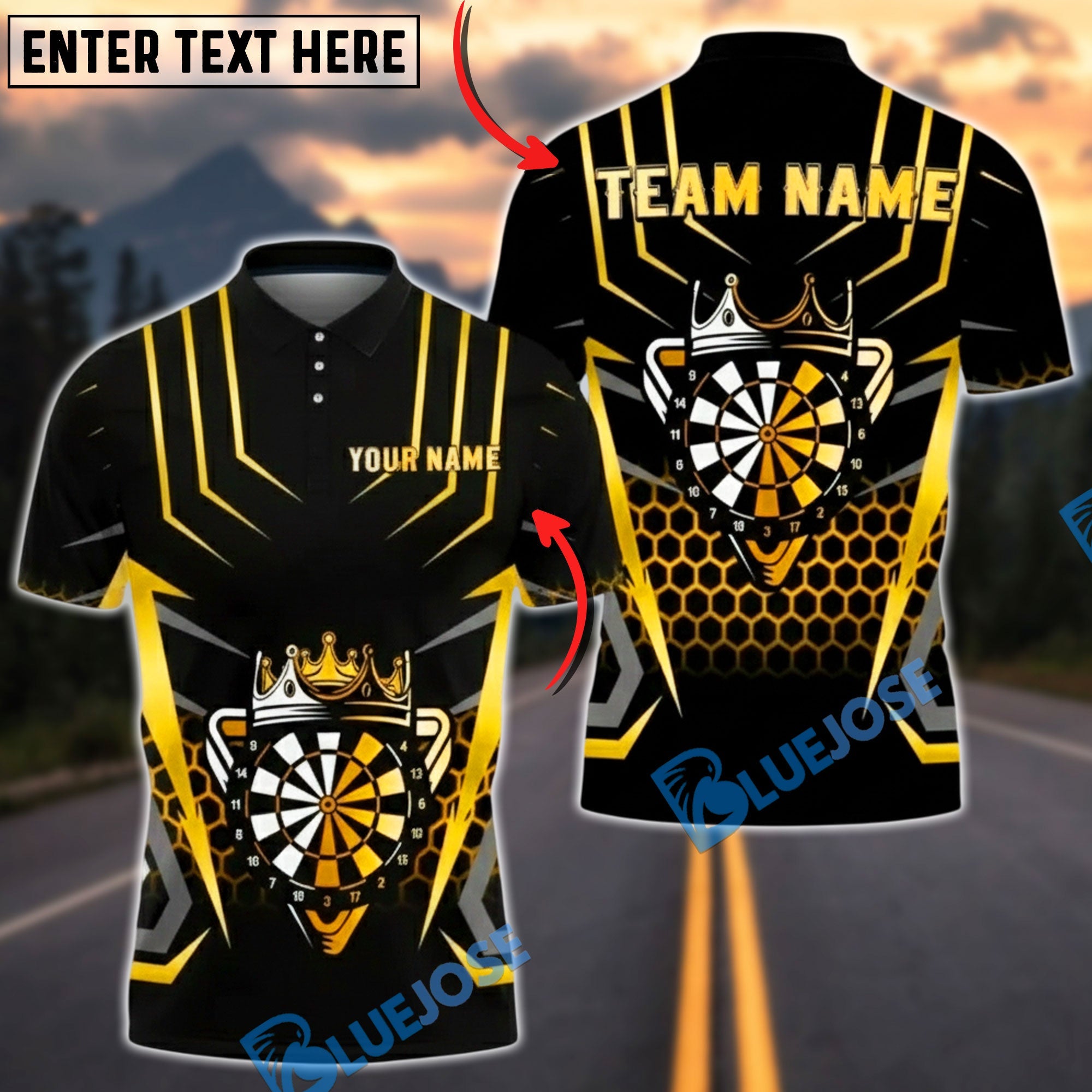 BlueJose Darts Gold Crown Target Honeycomb 3D Design Personalized Name, Team Name Unisex Shirt (6 Colors)