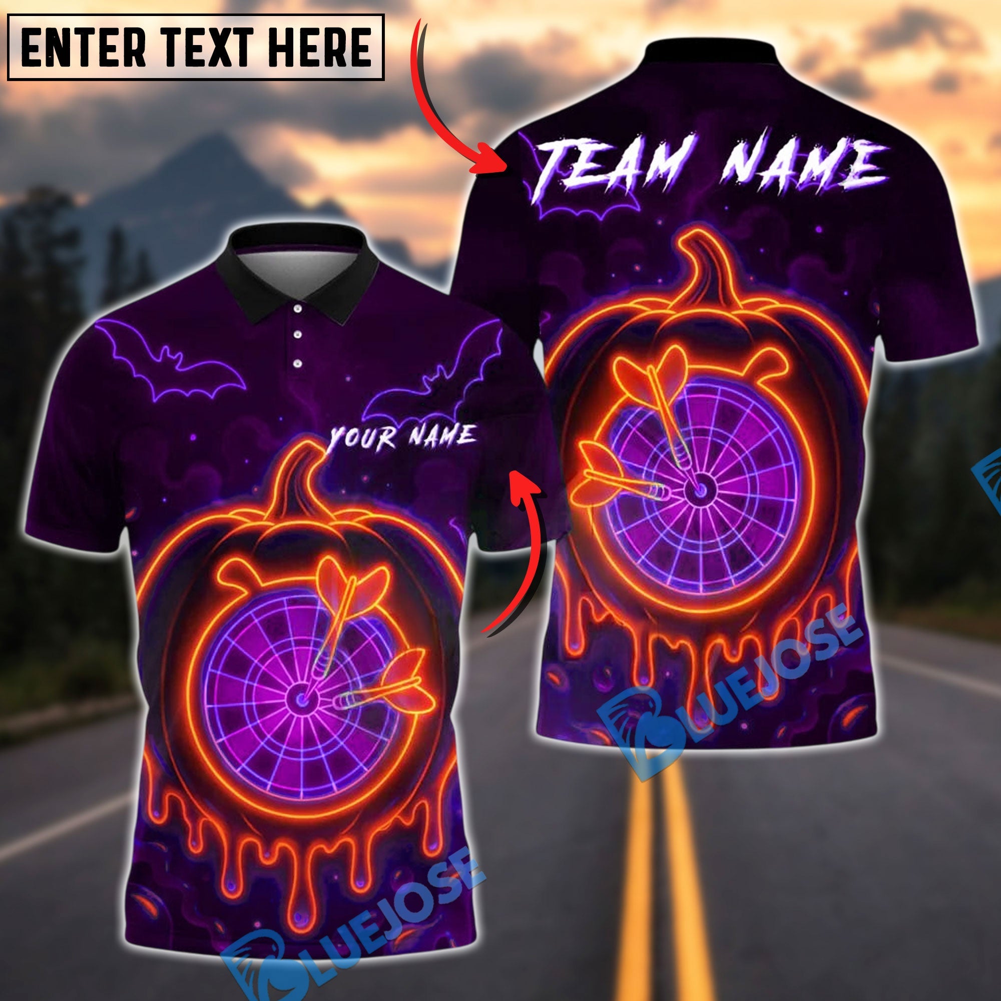 BlueJose Darts Halloween Pumpkin Dartboard Neon Glow Personalized Name, Team Name Unisex Shirt (4 Colors)