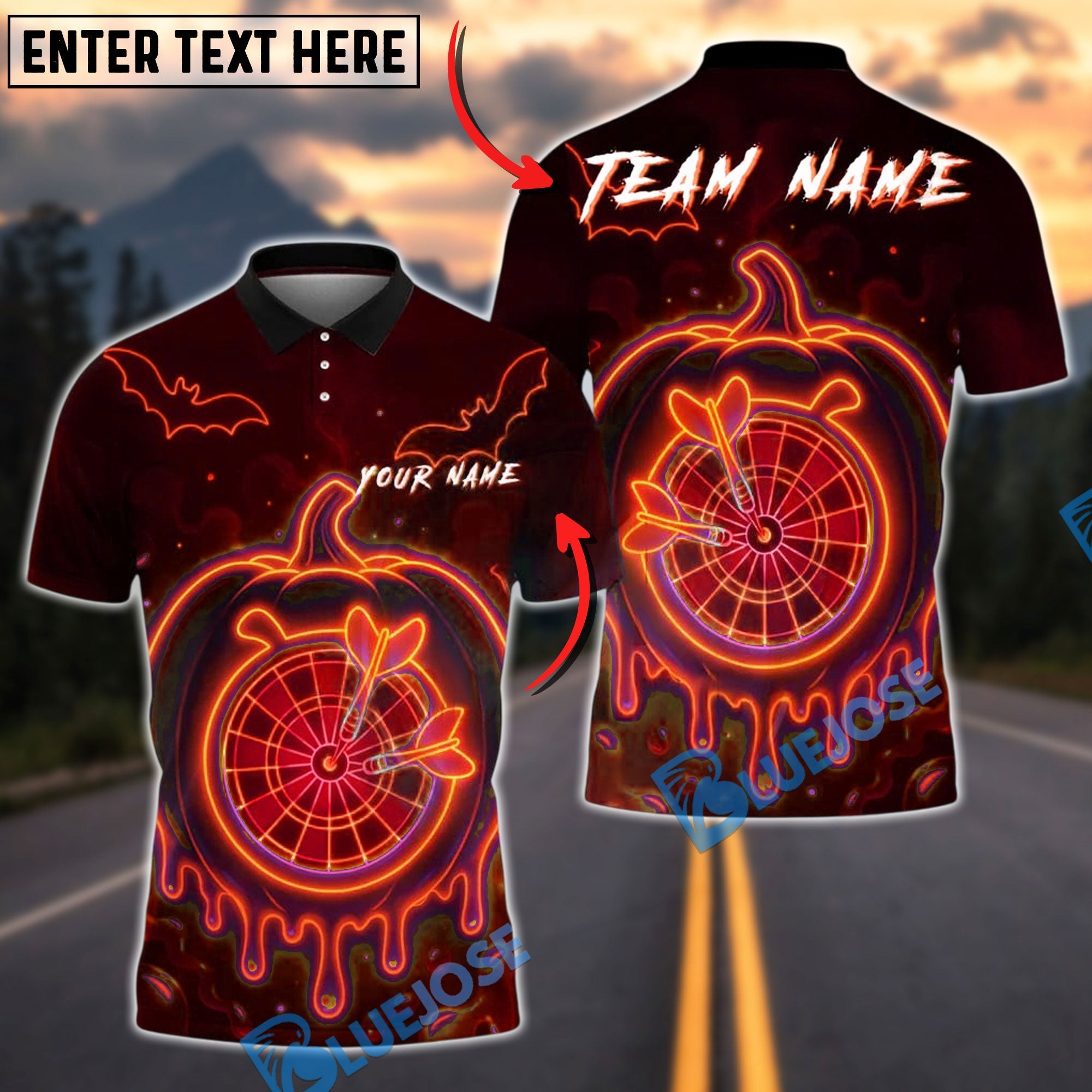 BlueJose Darts Halloween Pumpkin Dartboard Neon Glow Personalized Name, Team Name Unisex Shirt (4 Colors)
