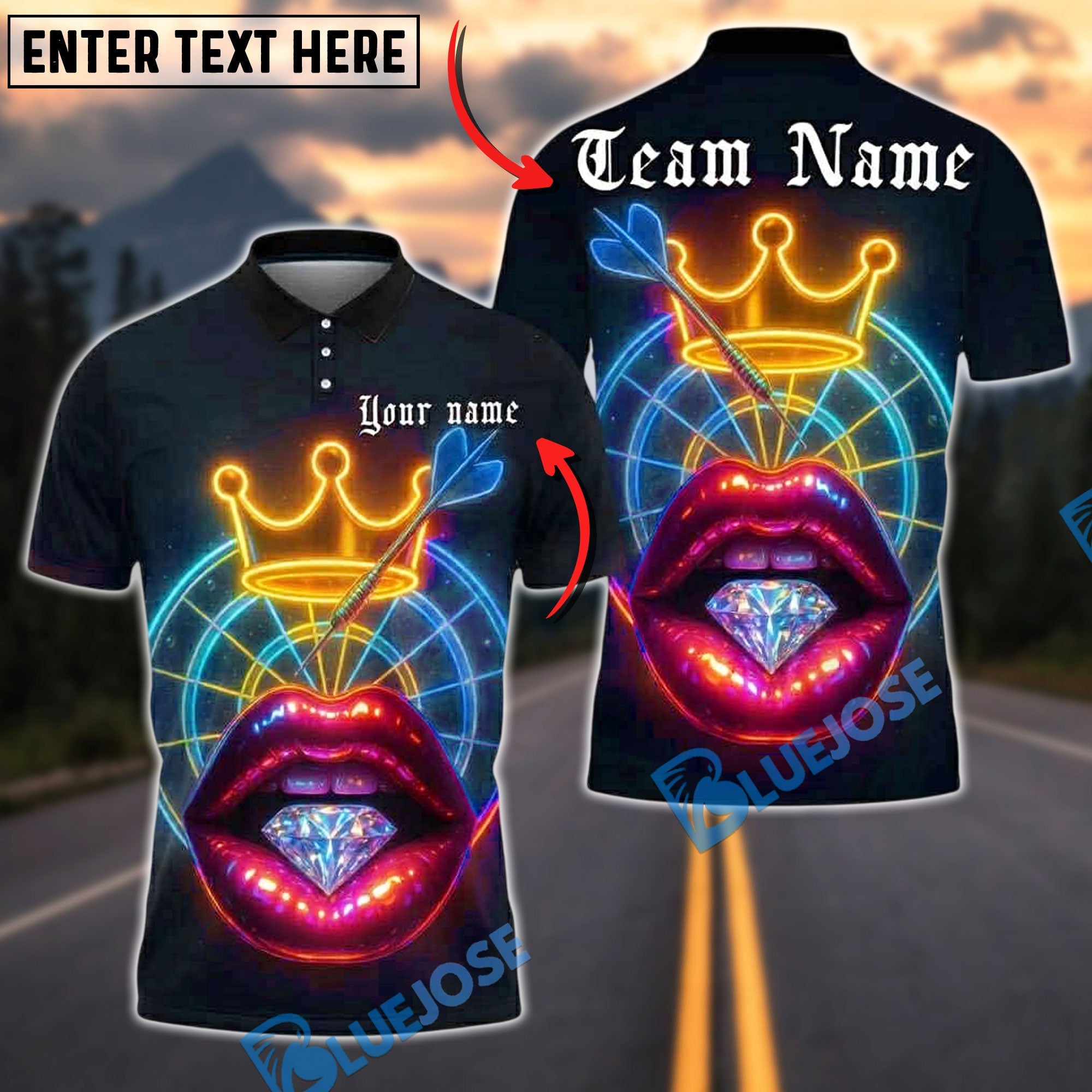 BlueJose Darts Neon Lips Diamond Crown Personalized Name, Team Name Unisex Shirt (4 Colors)