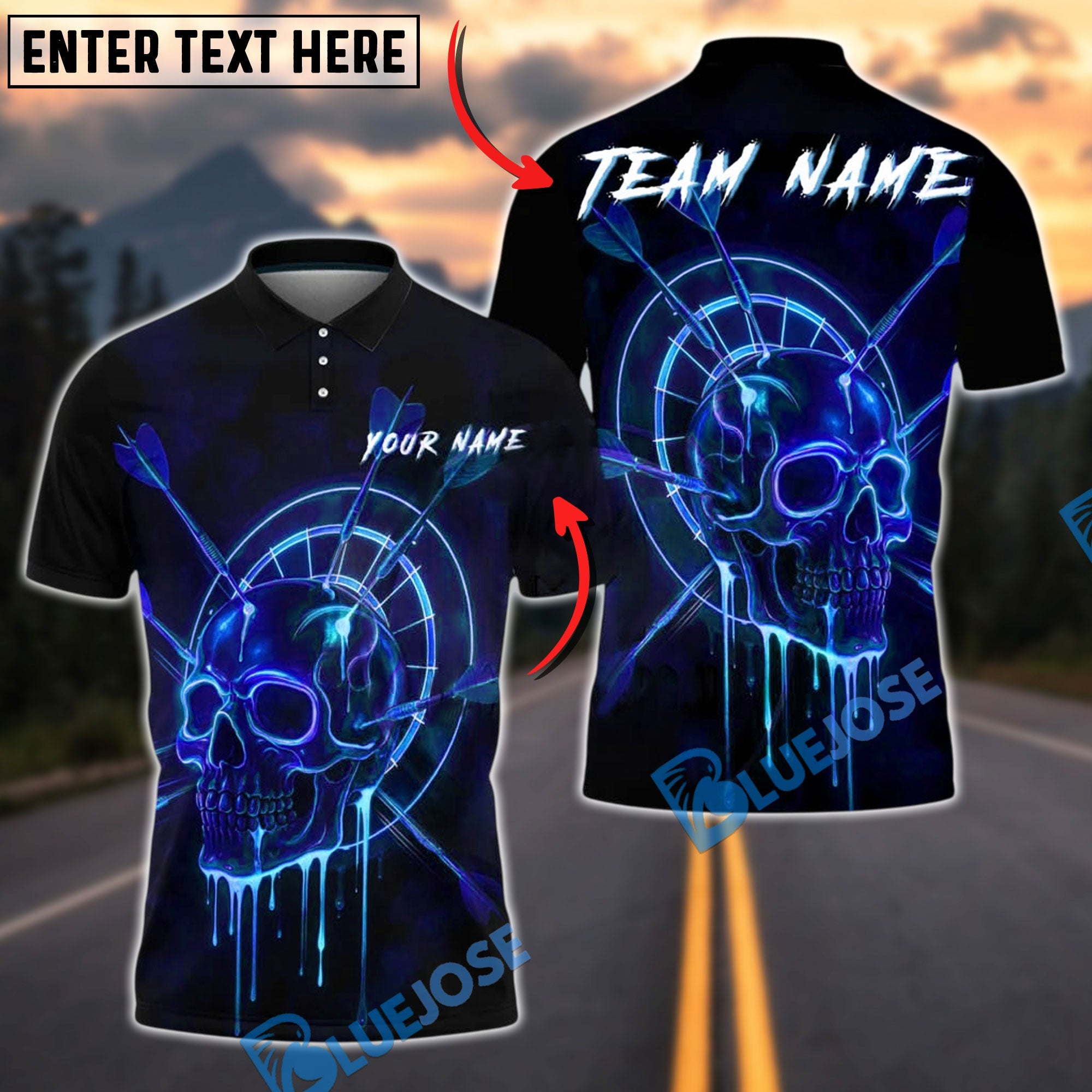 BlueJose Darts Neon Skull Arrows Dartboard Personalized Name, Team Name Unisex Shirt (4 Colors)