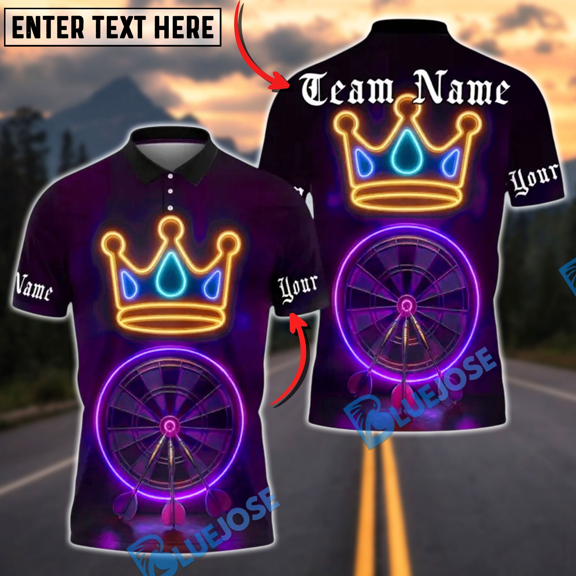 BlueJose Darts Neon Dartboard Crown Glow Personalized Name, Team Name Unisex Shirt (4 Colors)