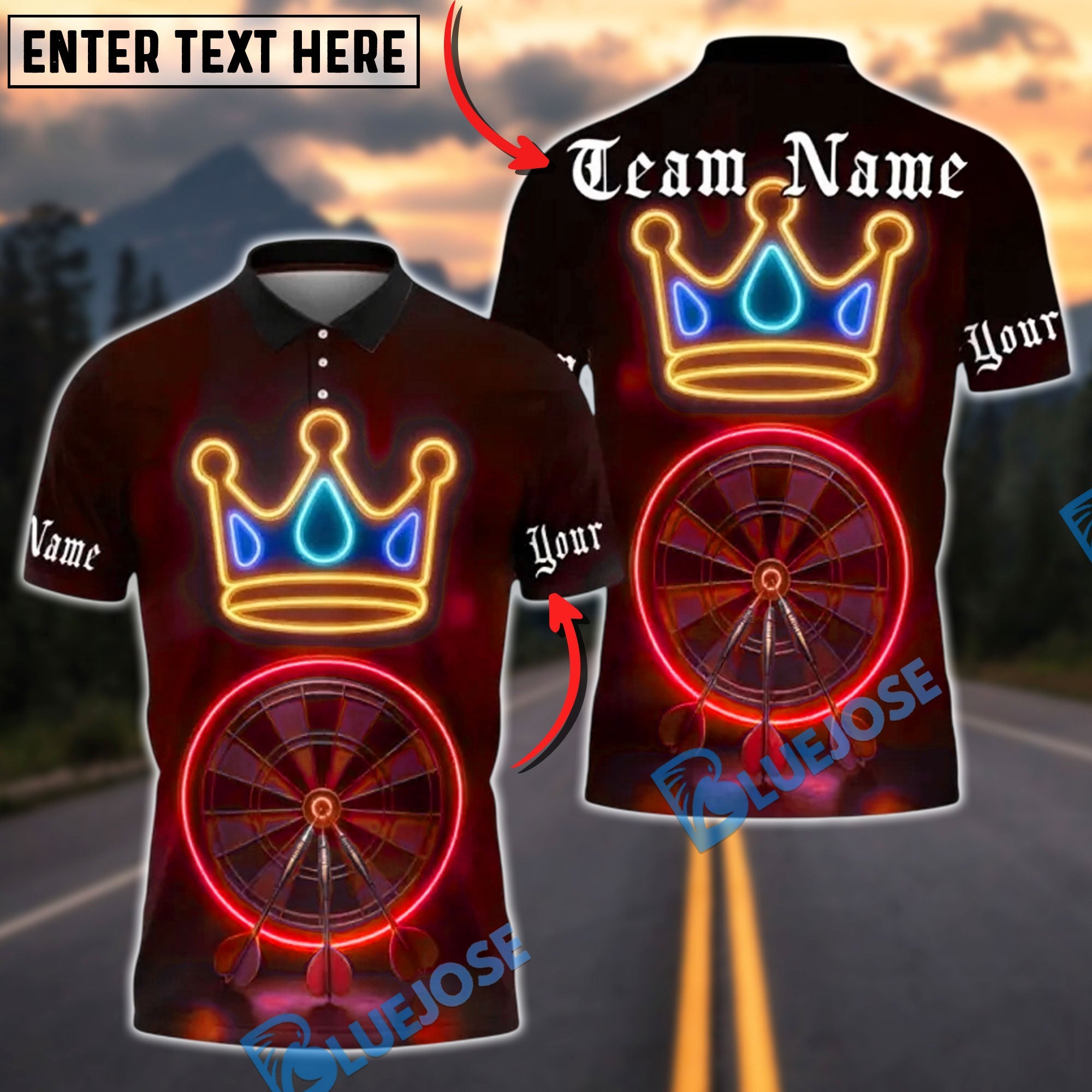 BlueJose Darts Neon Dartboard Crown Glow Personalized Name, Team Name Unisex Shirt (4 Colors)