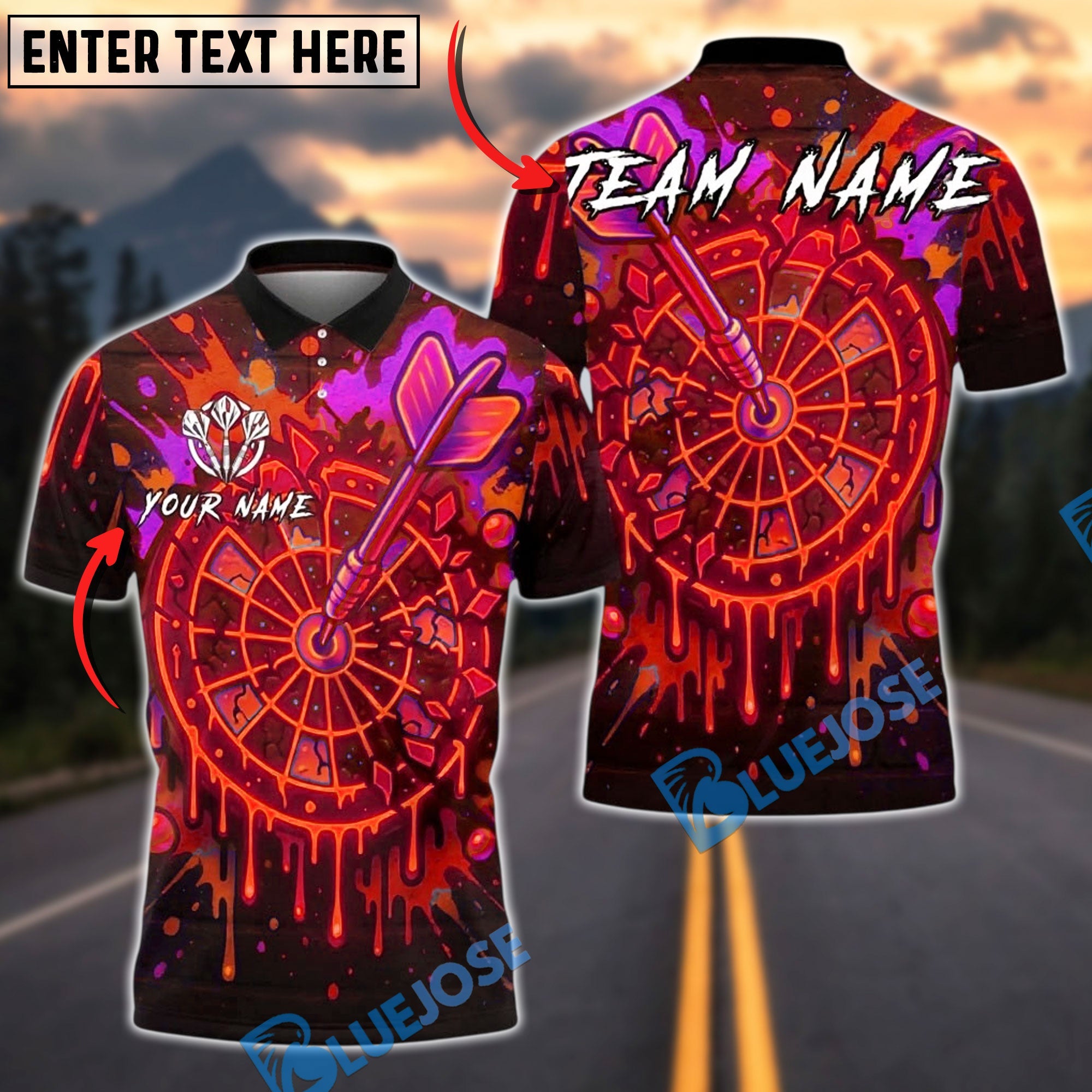 BlueJose Darts Neon Graffiti Dartboard Splash Personalized Name, Team Name Unisex Shirt (4 Colors)
