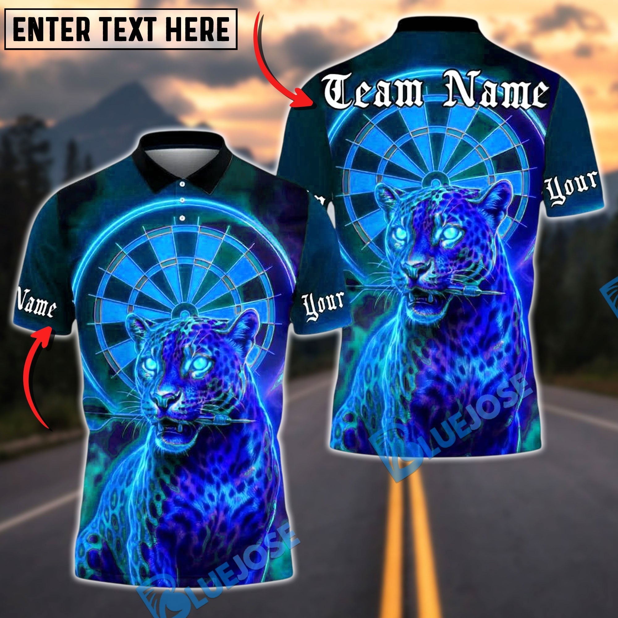 BlueJose Darts Neon Panther Dartboard Eyes Personalized Name, Team Name Unisex Shirt (4 Colors)