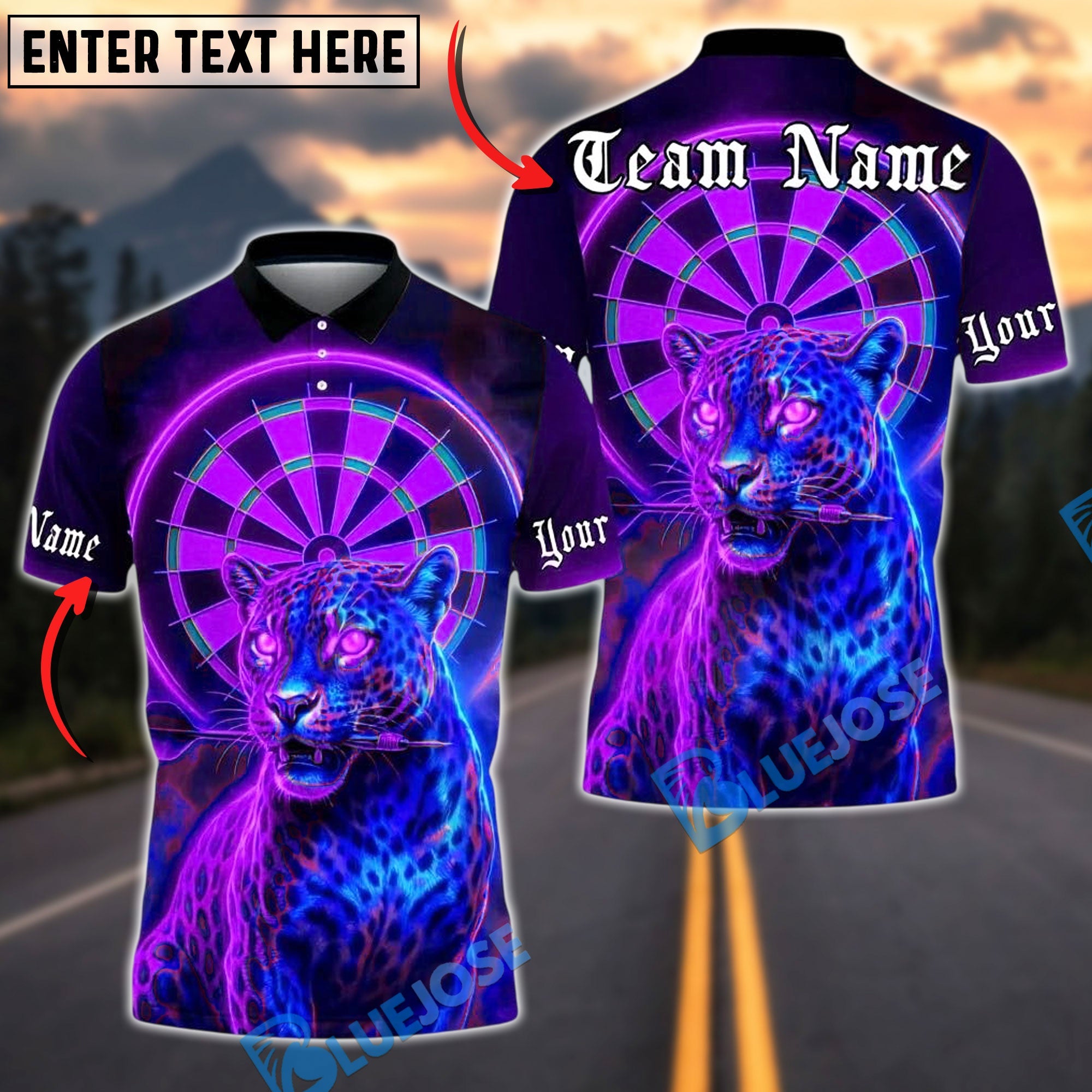 BlueJose Darts Neon Panther Dartboard Eyes Personalized Name, Team Name Unisex Shirt (4 Colors)