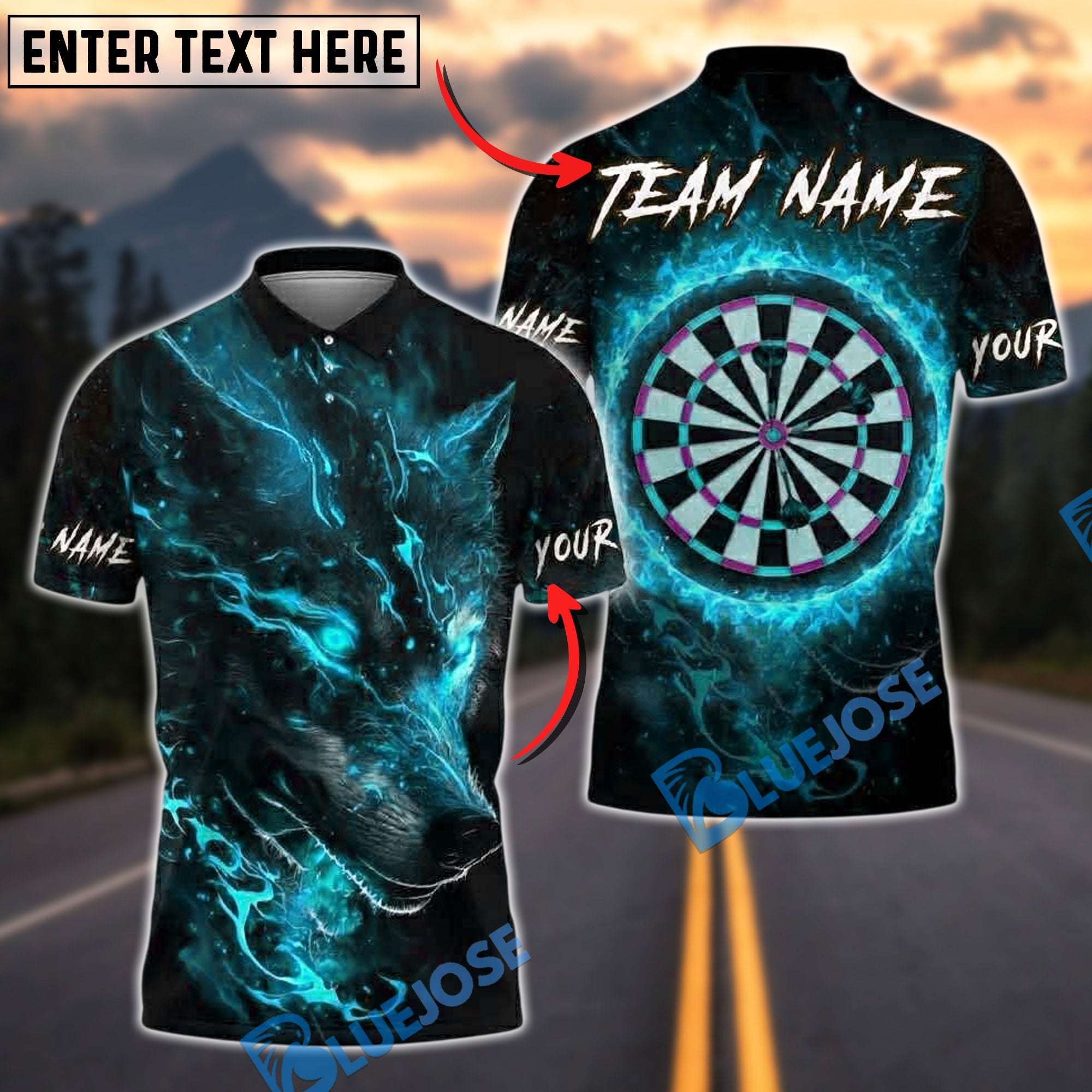 BlueJose Darts Wolf Head Fire Eye Dartboard Personalized Name, Team Name Unisex Shirt (4 Colors)