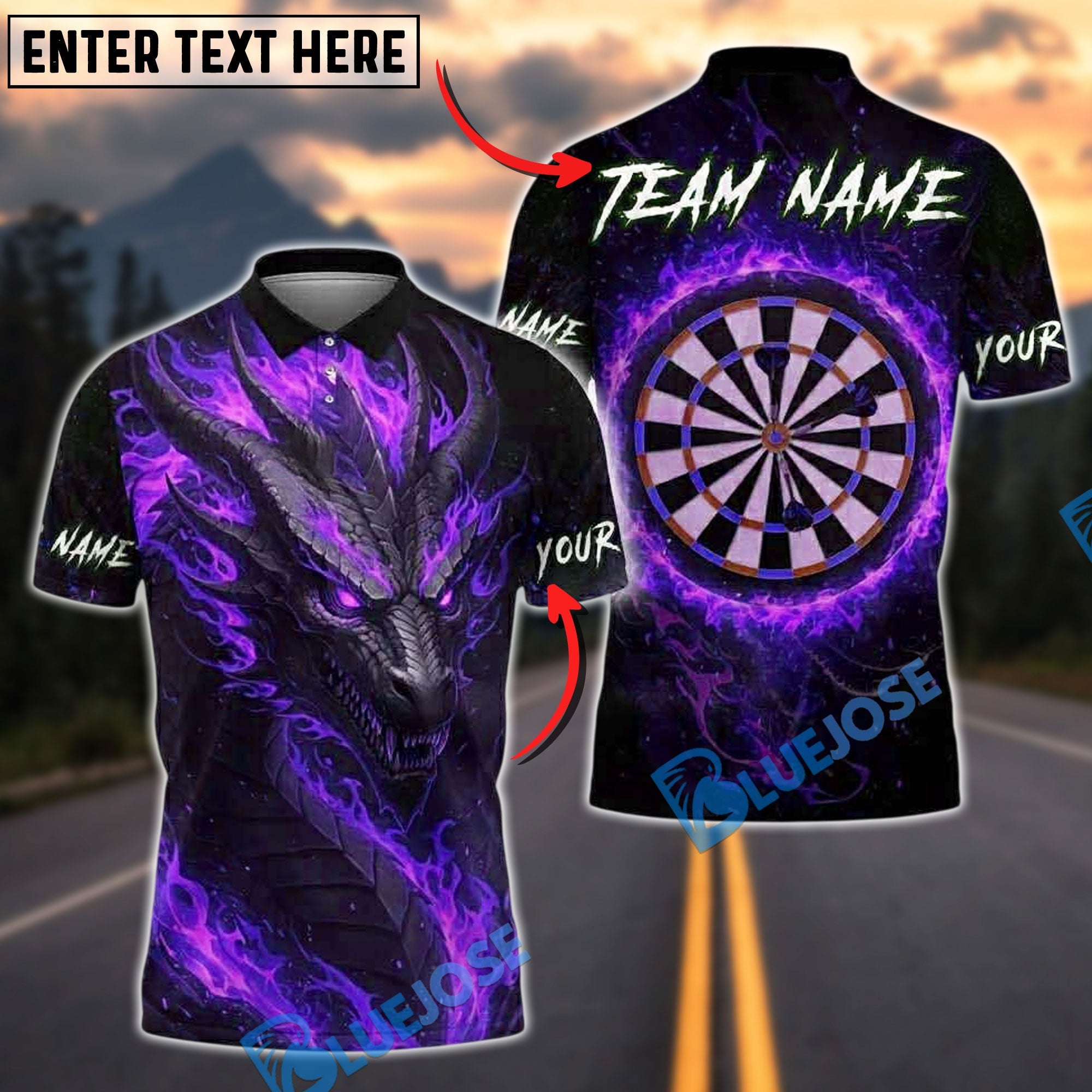 BlueJose Darts Dragon Fire Inferno Dartboard Personalized Name, Team Name Unisex Shirt (4 Colors)