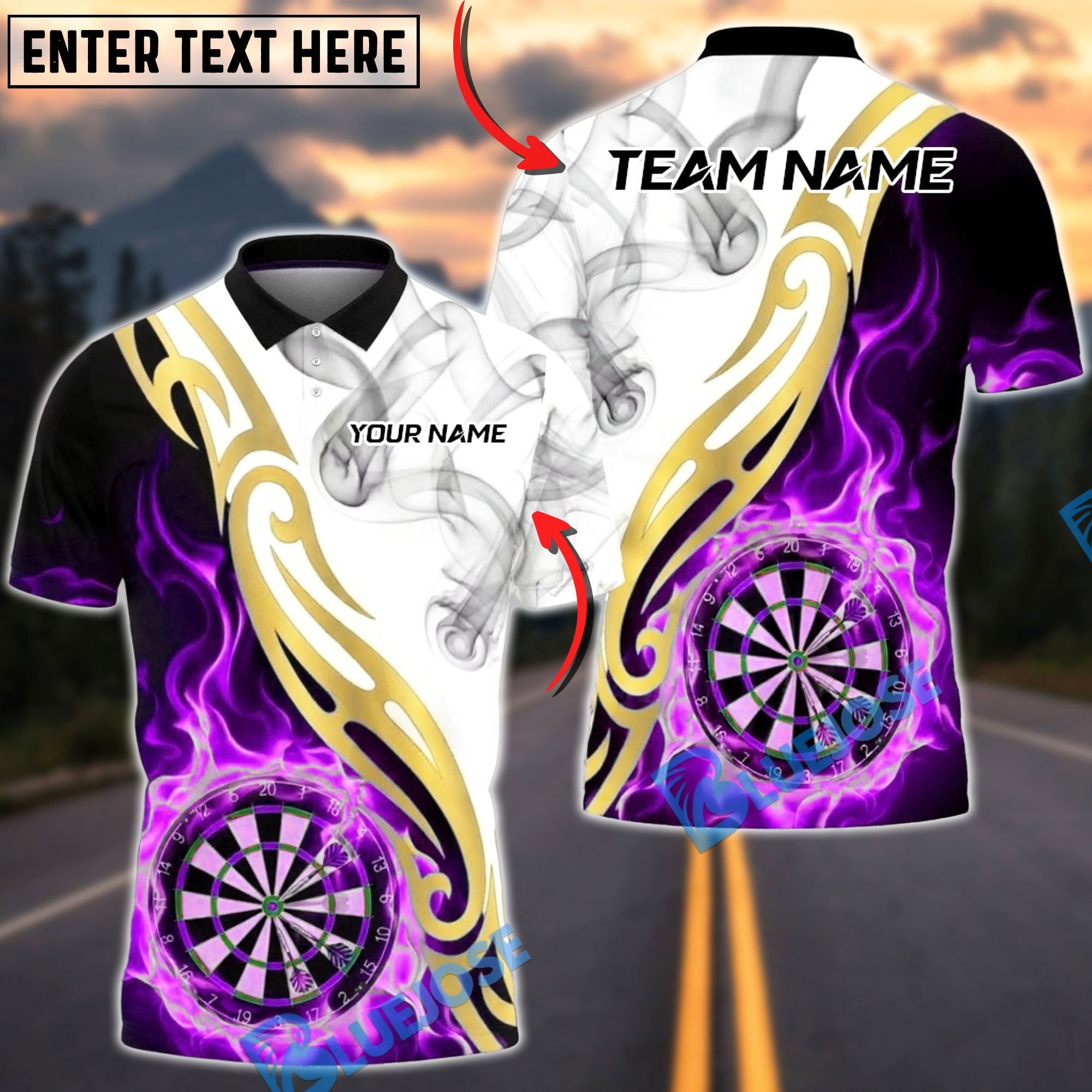 BlueJose Darts White Fire Smoke Golden Dartboard Multicolor Options Personalized Name Shirt (4 Colors)