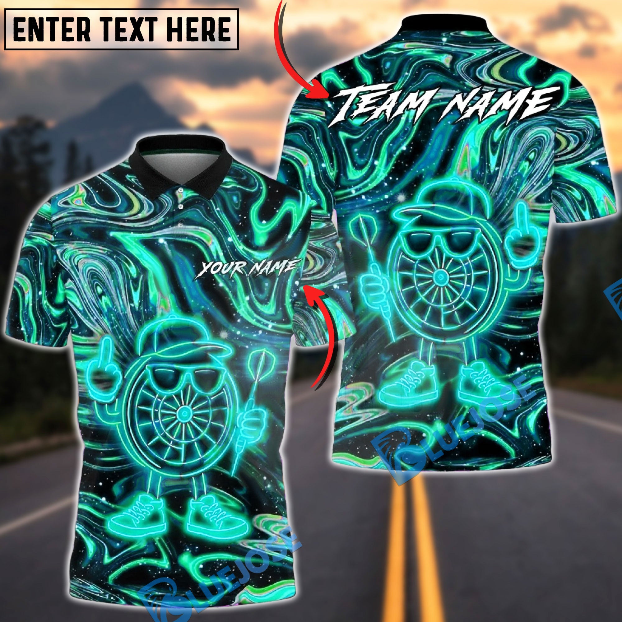 BlueJose Darts Neon Psychedelic Abstract Design Multicolor Options Personalized Name Shirt (4 Colors)