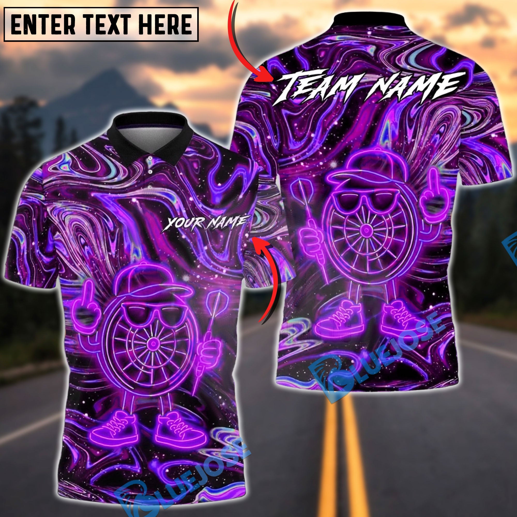 BlueJose Darts Neon Psychedelic Abstract Design Multicolor Options Personalized Name Shirt (4 Colors)