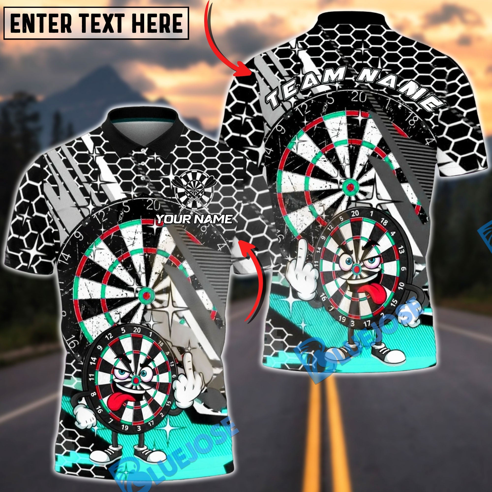 BlueJose Darts Cartoon Dartboard Honeycomb Pattern Multicolor Options Personalized Name Shirt (4 Colors)