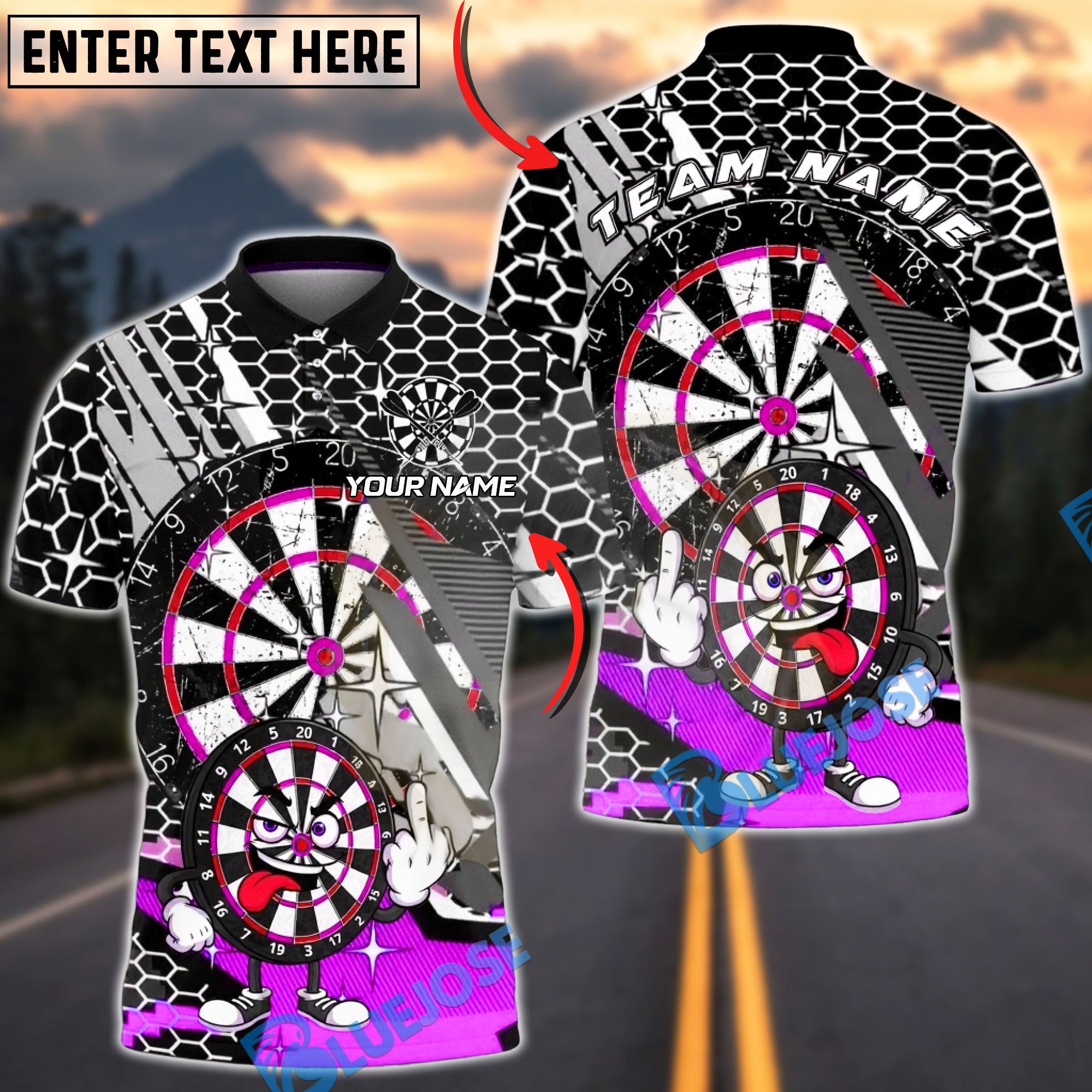 BlueJose Darts Cartoon Dartboard Honeycomb Pattern Multicolor Options Personalized Name Shirt (4 Colors)