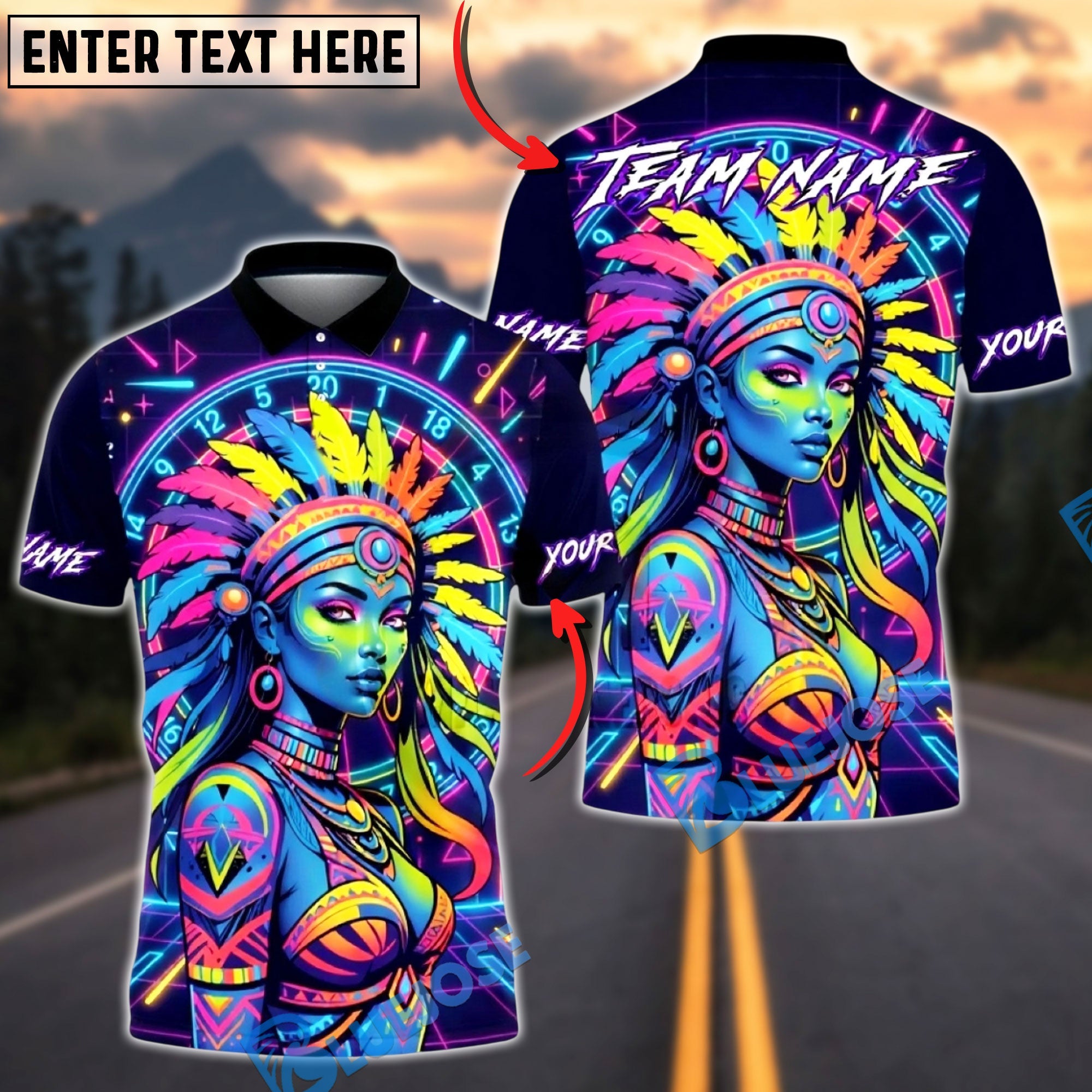 BlueJose Darts Dartboard Neon Native American Woman Colorful Tribal Design Multicolor Options Personalized Name Shirt (4 Colors)