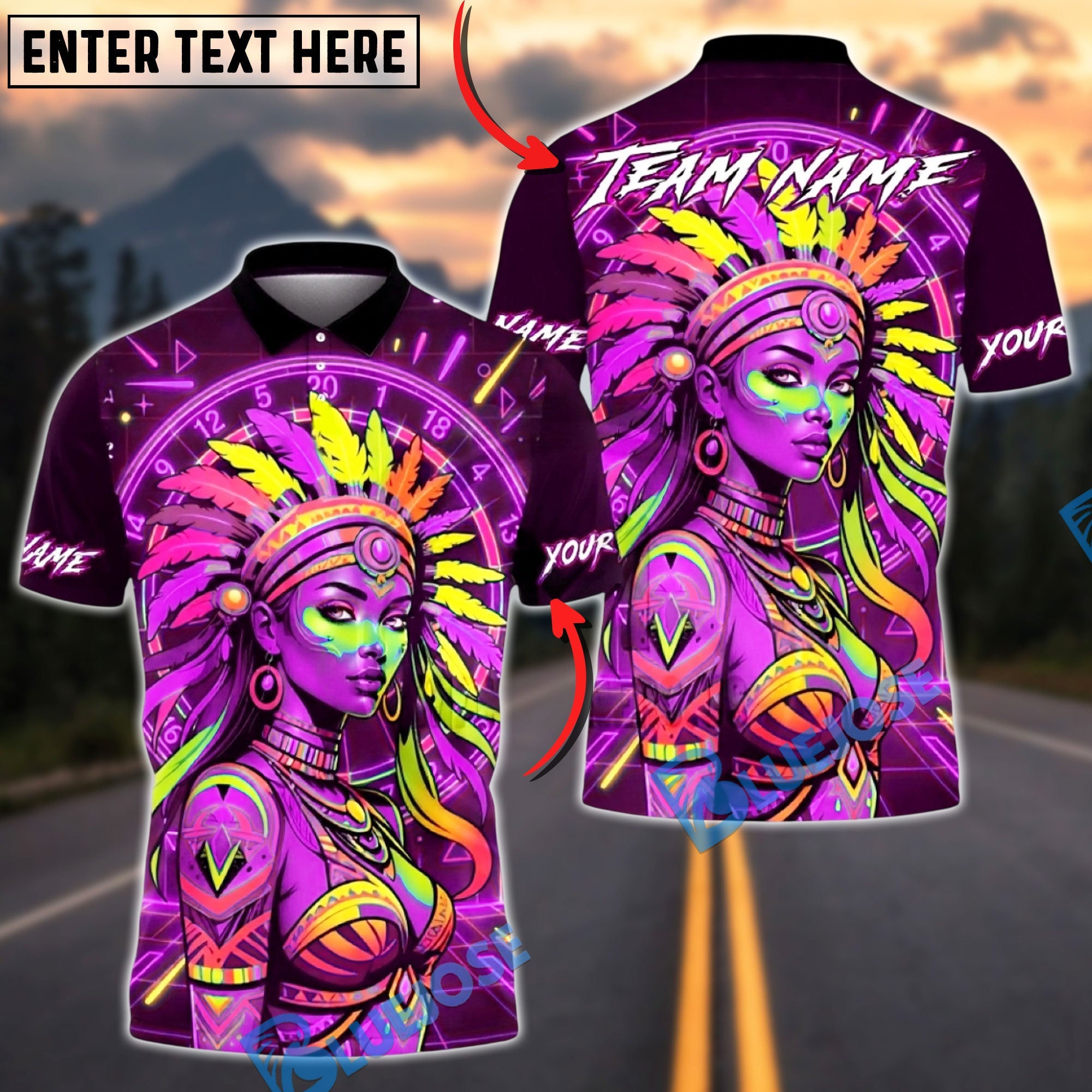 BlueJose Darts Dartboard Neon Native American Woman Colorful Tribal Design Multicolor Options Personalized Name Shirt (4 Colors)