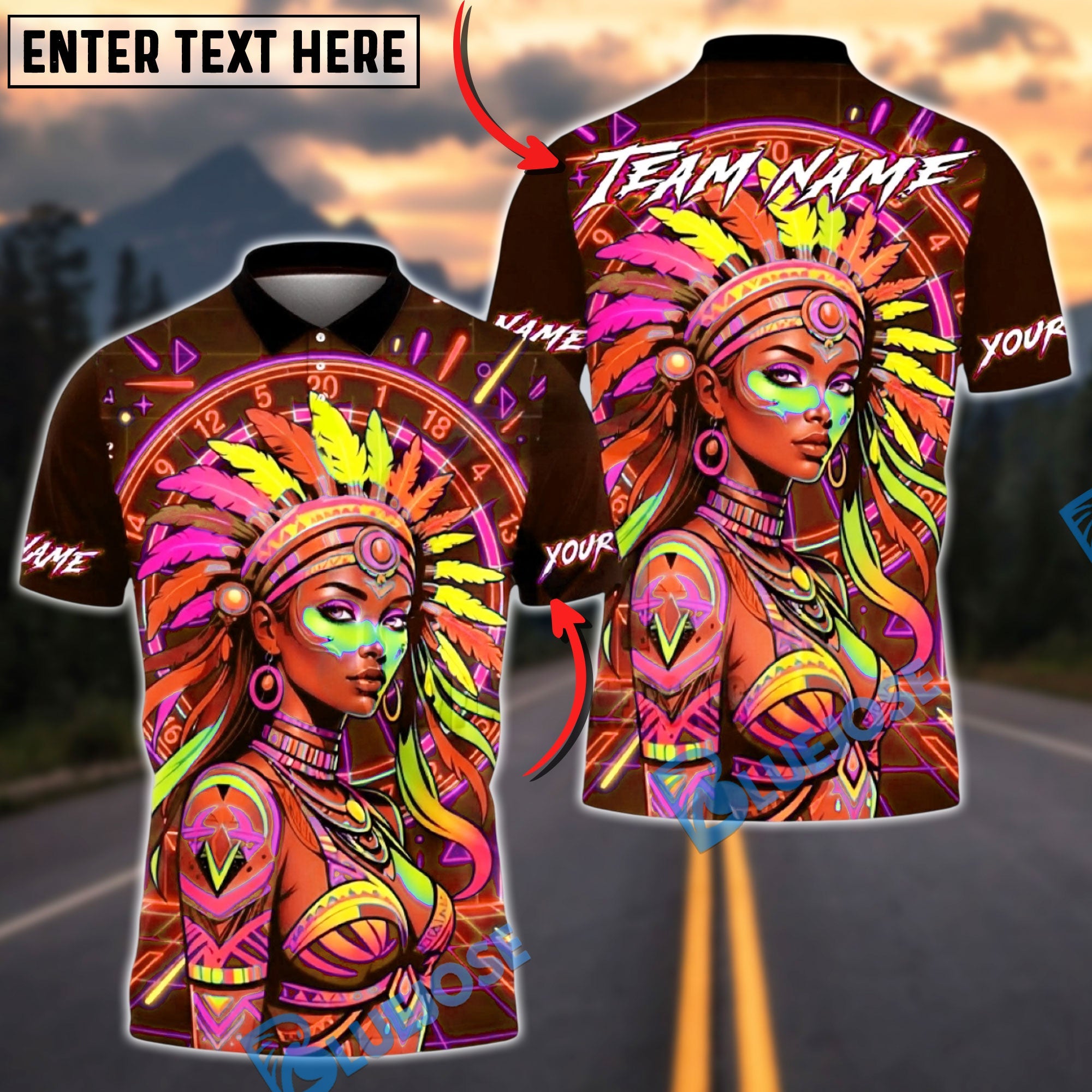 BlueJose Darts Dartboard Neon Native American Woman Colorful Tribal Design Multicolor Options Personalized Name Shirt (4 Colors)