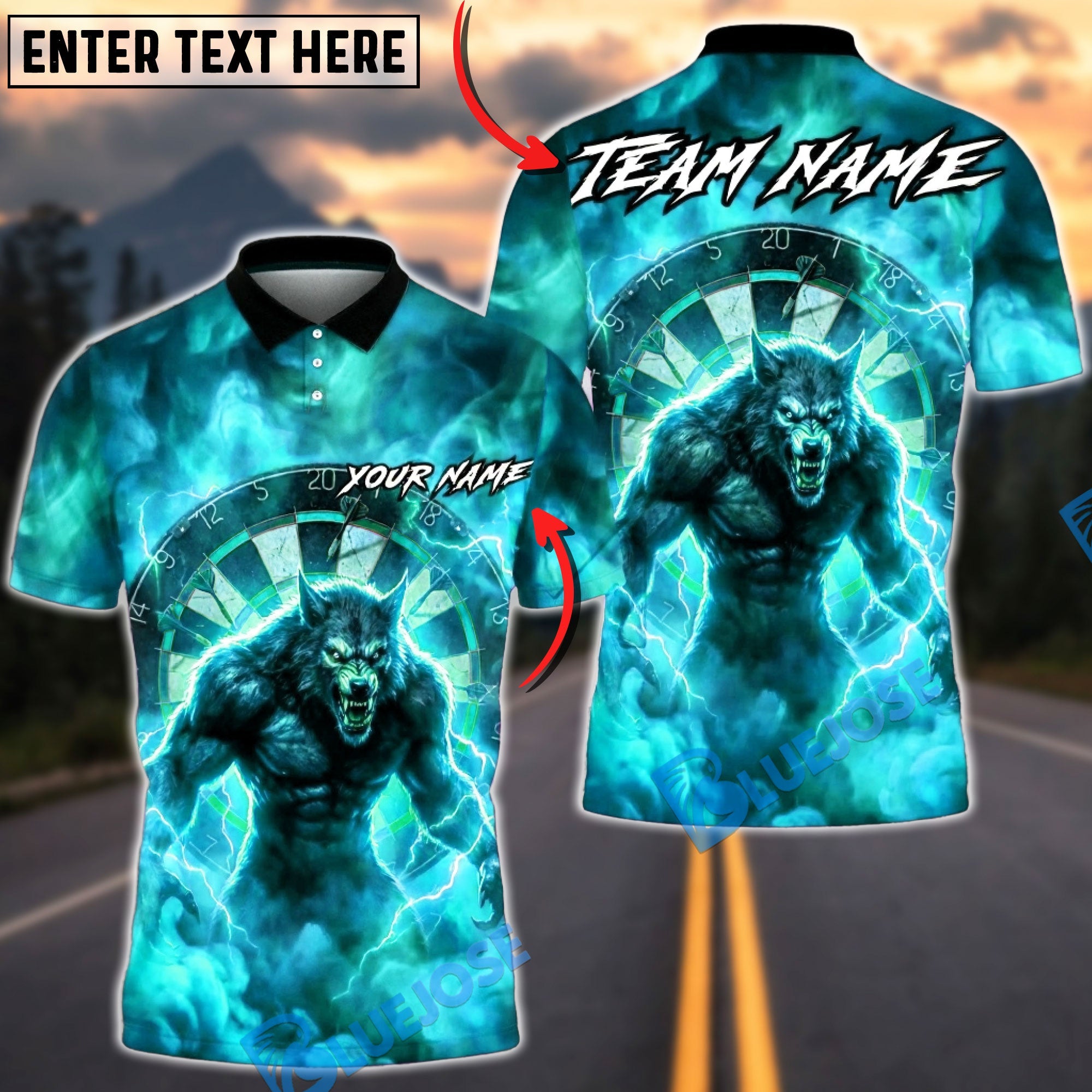 BlueJose Darts Werewolf Purple Electric Storm Multicolor Options Personalized Name Shirt (4 Colors)