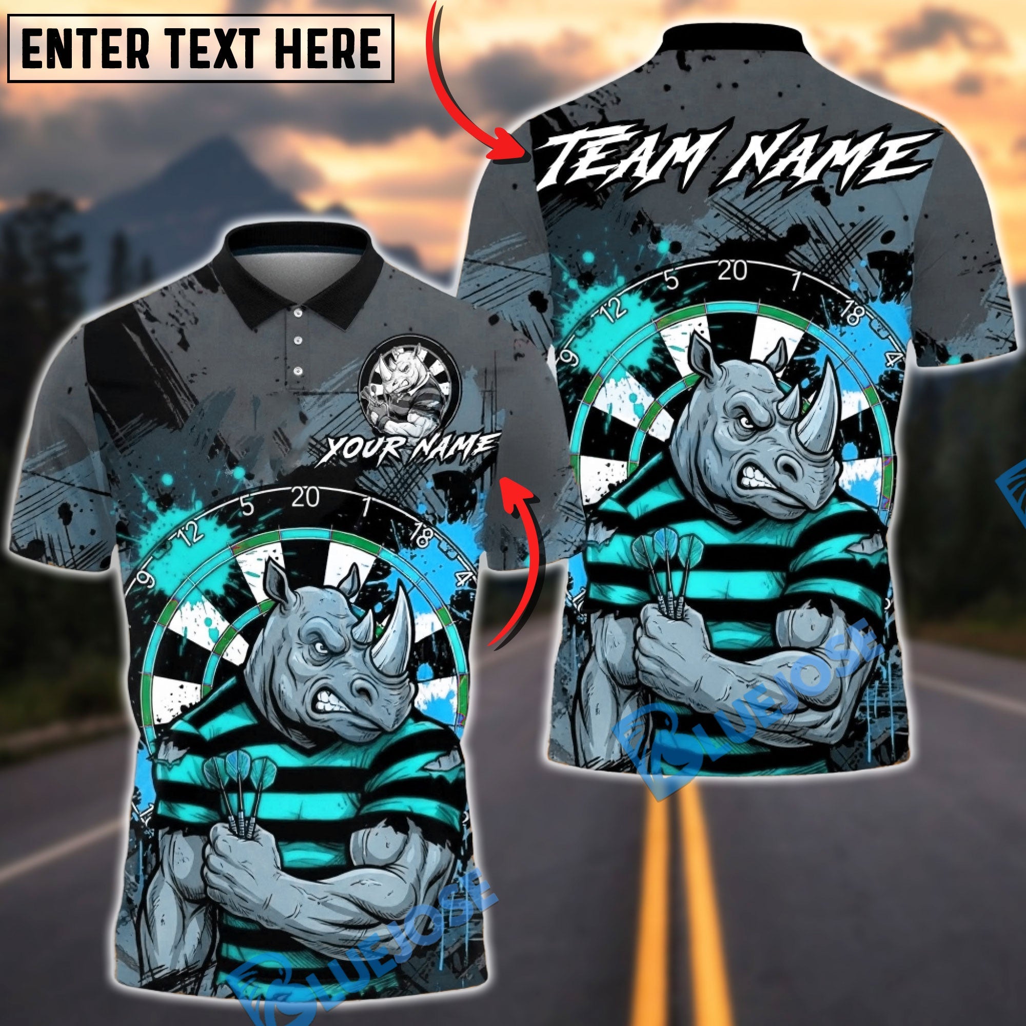 BlueJose Darts Rhino Splash Paint Multicolor Options Personalized Name Shirt (4 Colors)