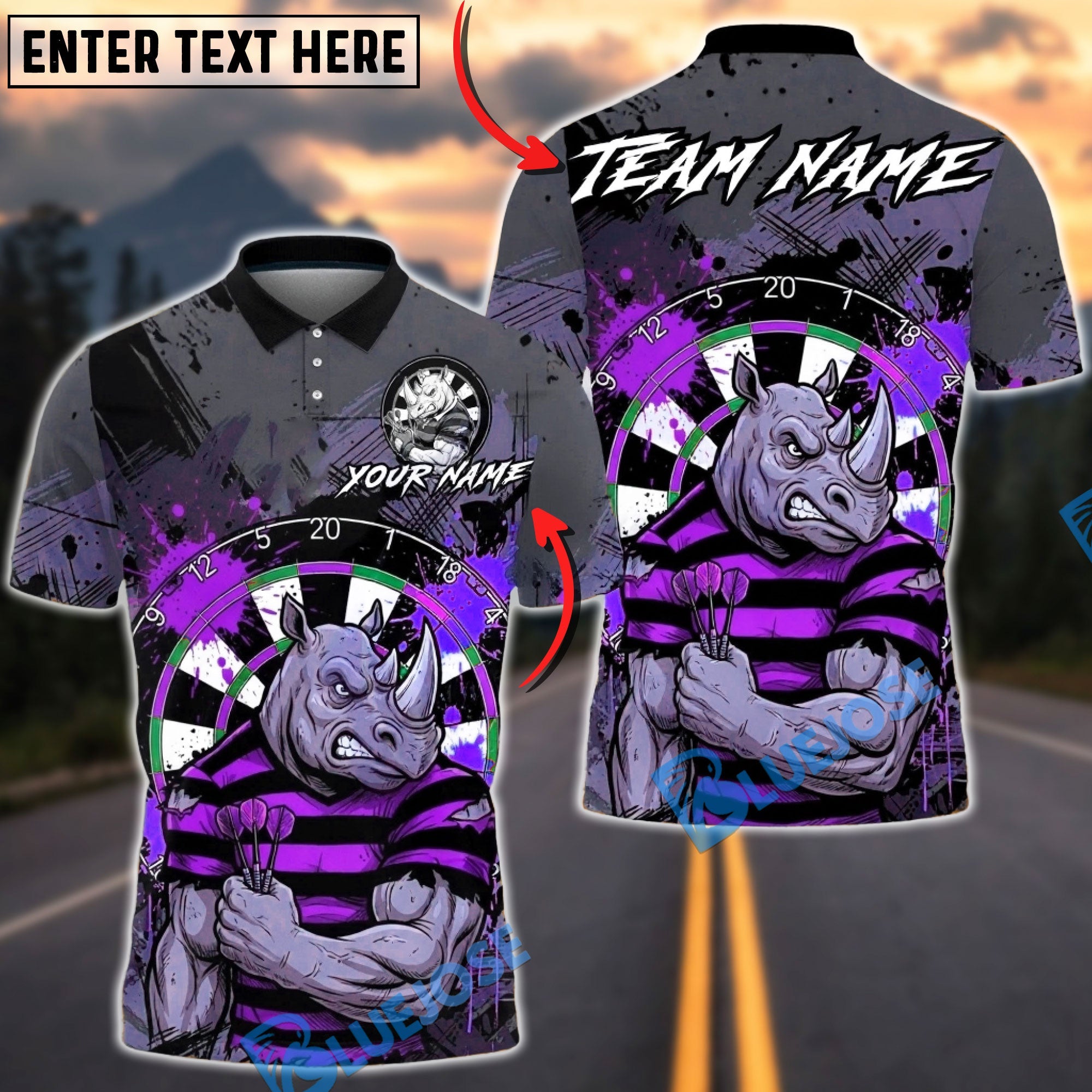 BlueJose Darts Rhino Splash Paint Multicolor Options Personalized Name Shirt (4 Colors)