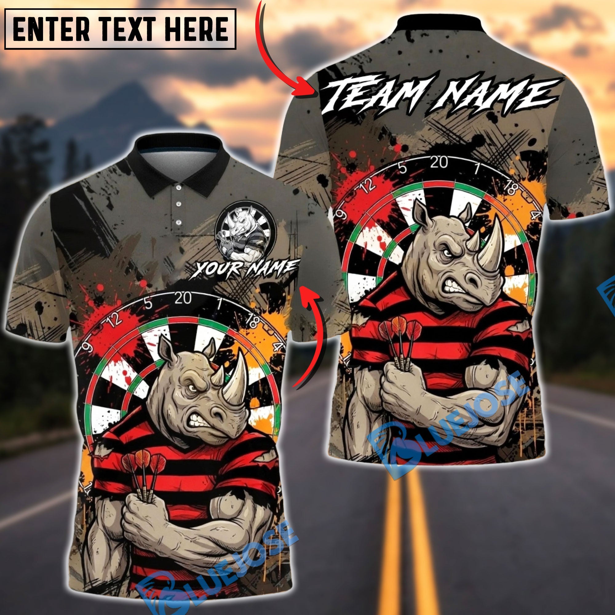 BlueJose Darts Rhino Splash Paint Multicolor Options Personalized Name Shirt (4 Colors)