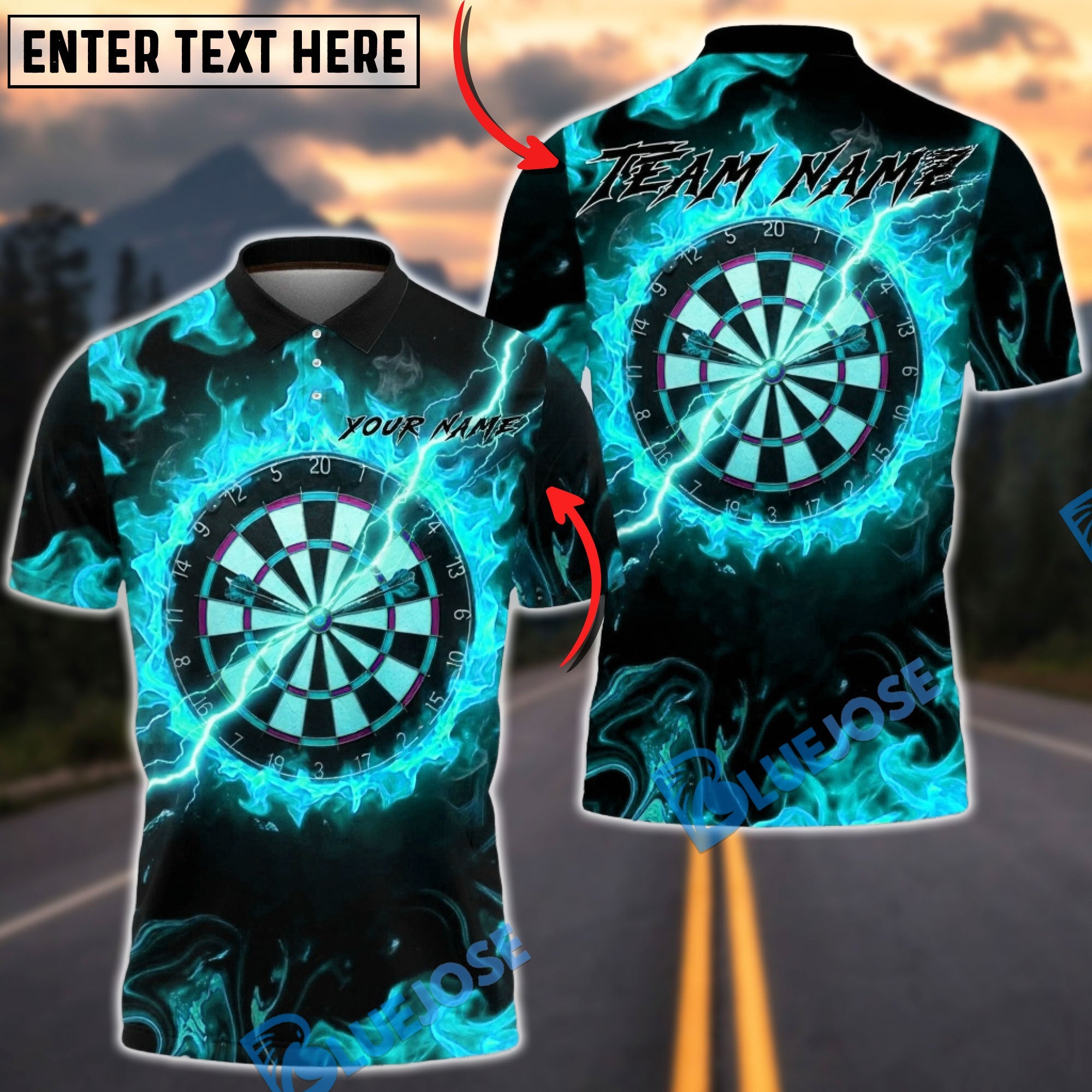 BlueJose Darts Fire Flames Lightning Multicolor Options Personalized Name Shirt (4 Colors)