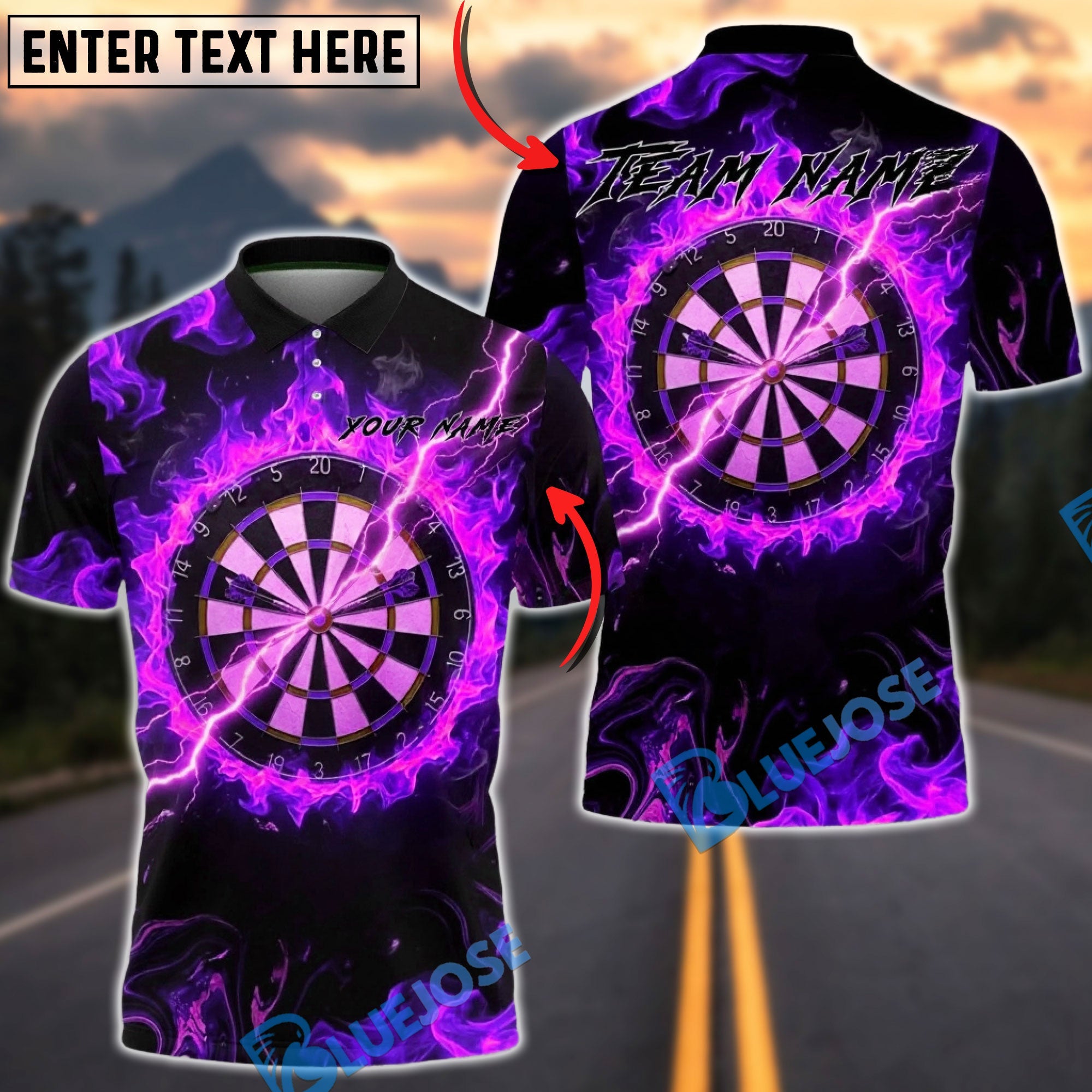 BlueJose Darts Fire Flames Lightning Multicolor Options Personalized Name Shirt (4 Colors)