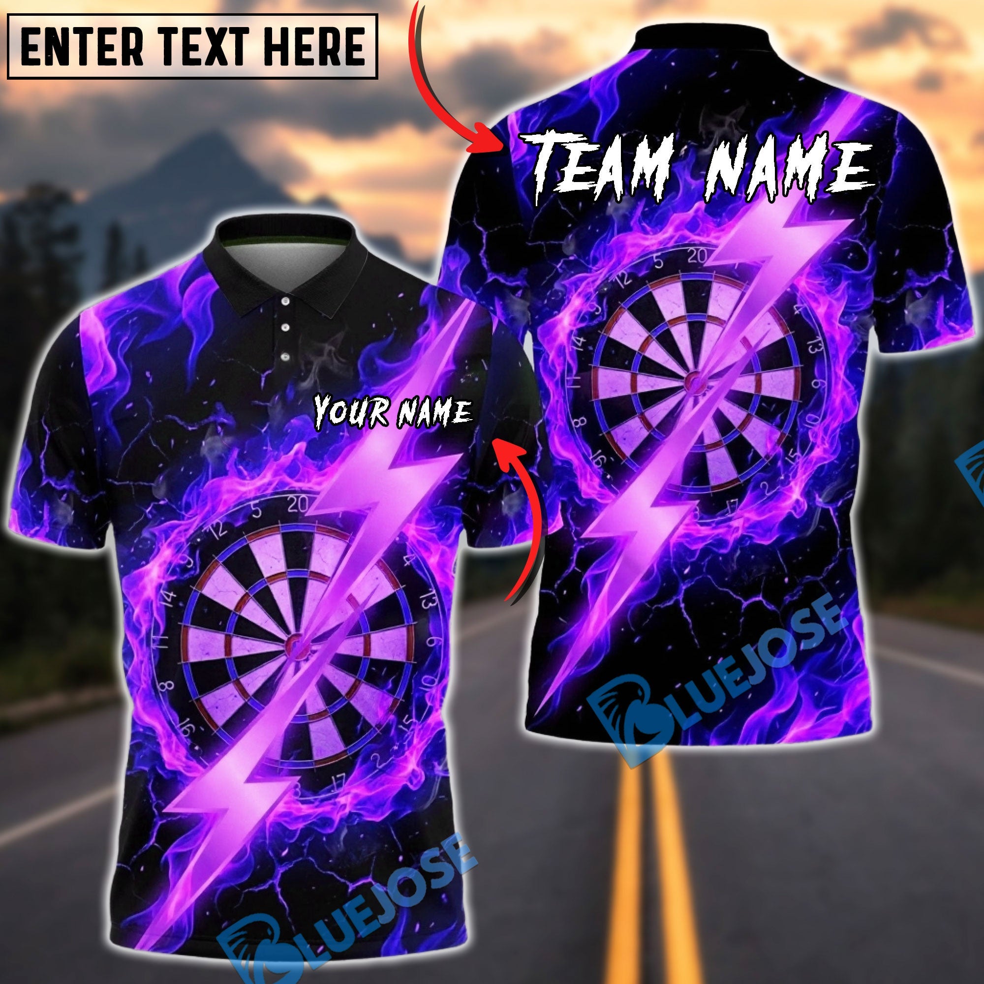 BlueJose Darts Fire Flames Golden Lightning Bolt Multicolor Options Personalized Name Shirt (4 Colors)