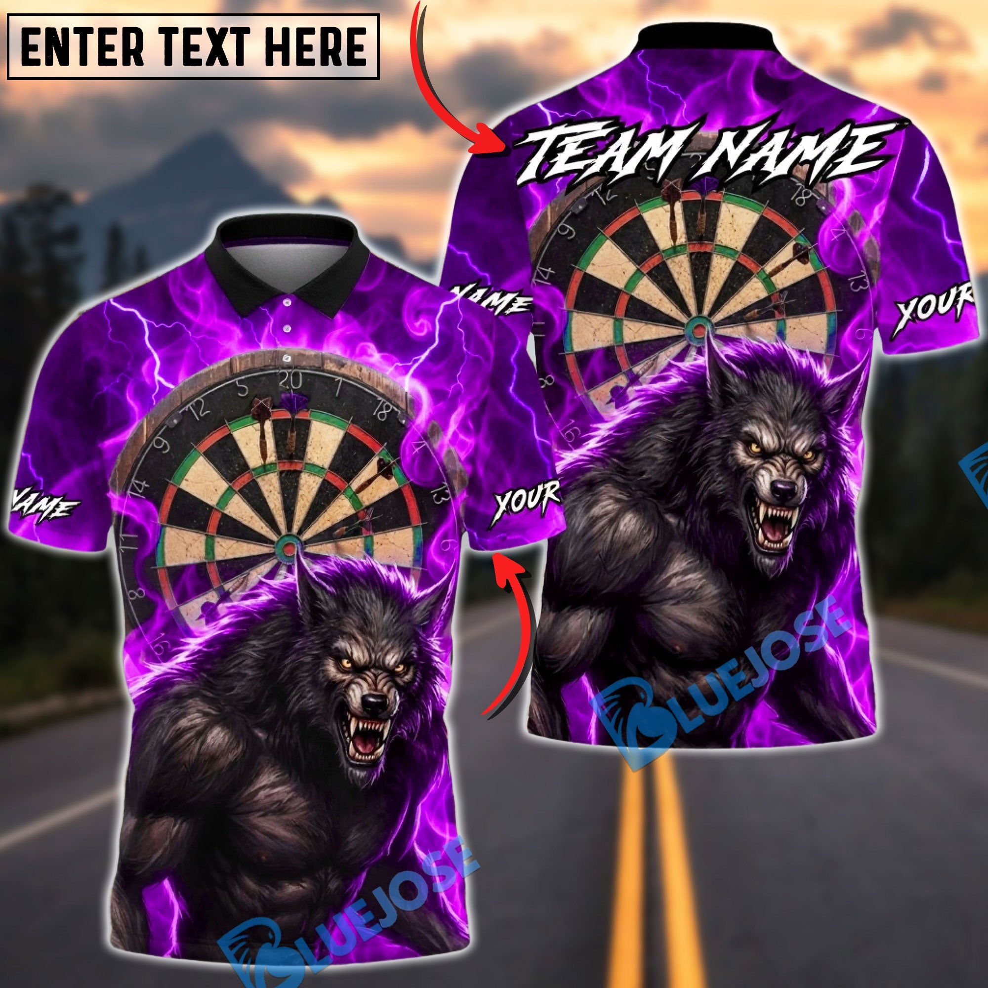 BlueJose Darts Wolf Lightning Multicolor Options Personalized Name Shirt (4 Colors)