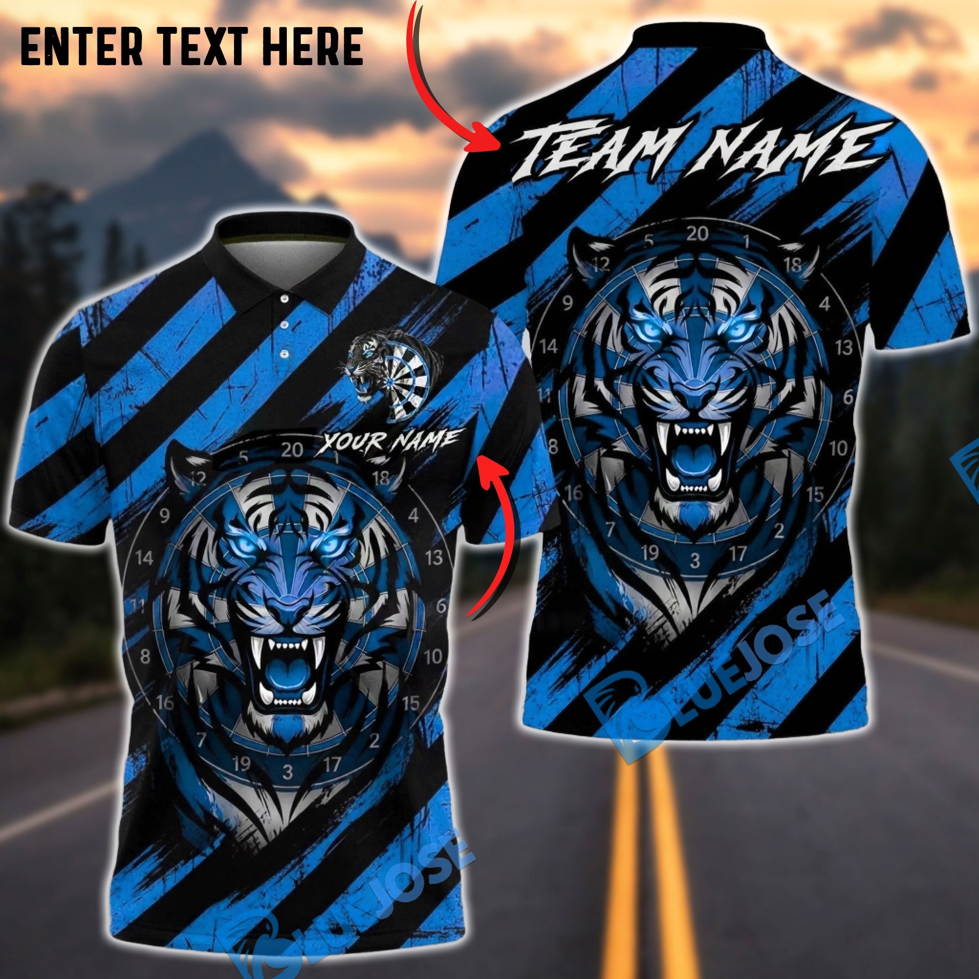 BlueJose Darts Tiger Black Stripes Multicolor Options Personalized Name Shirt (4 Colors)