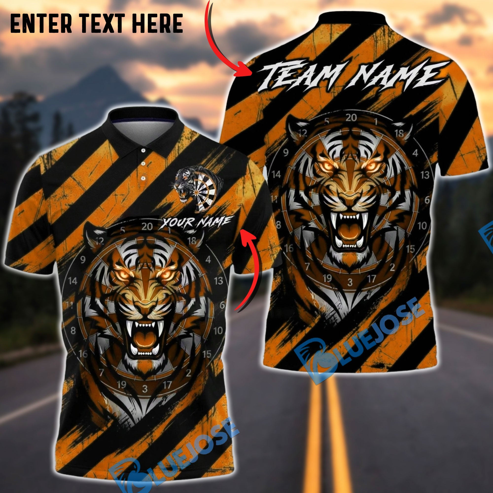 BlueJose Darts Tiger Black Stripes Multicolor Options Personalized Name Shirt (4 Colors)