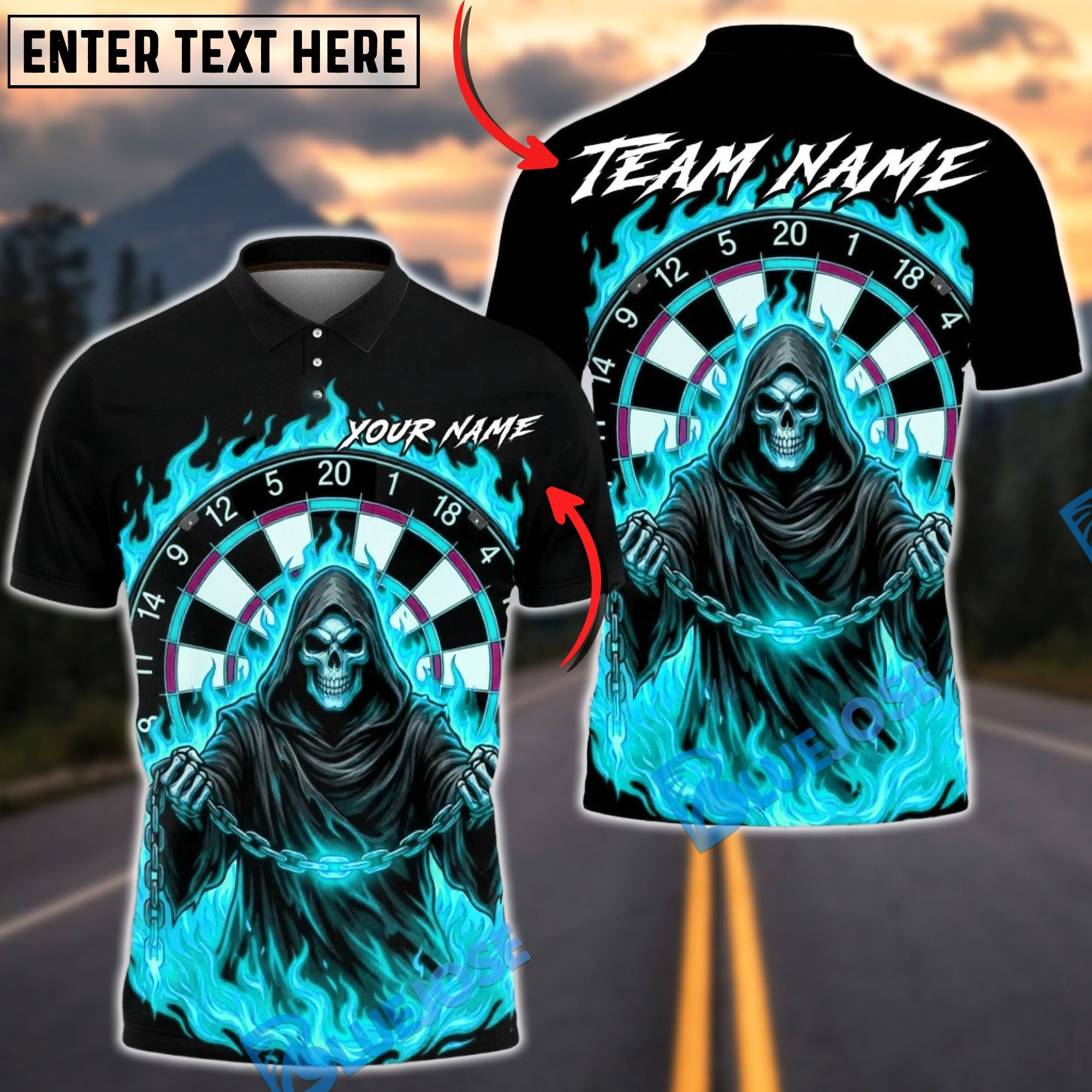 BlueJose Darts Grim Reaper Fire Flame Multicolor Options Personalized Name Shirt (4 Colors)