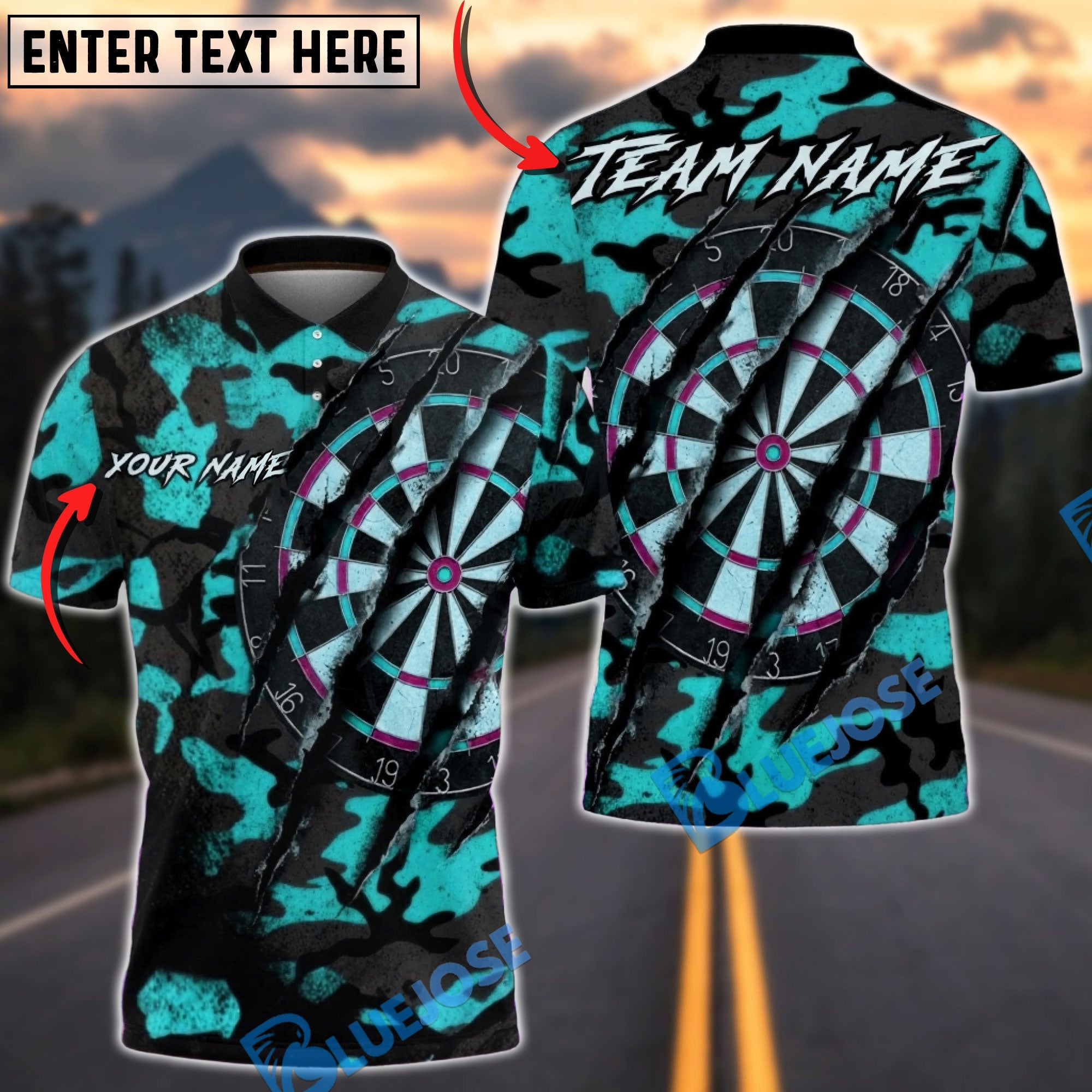BlueJose Darts Black Camouflage Multicolor Options Personalized Name Shirt (4 Colors)