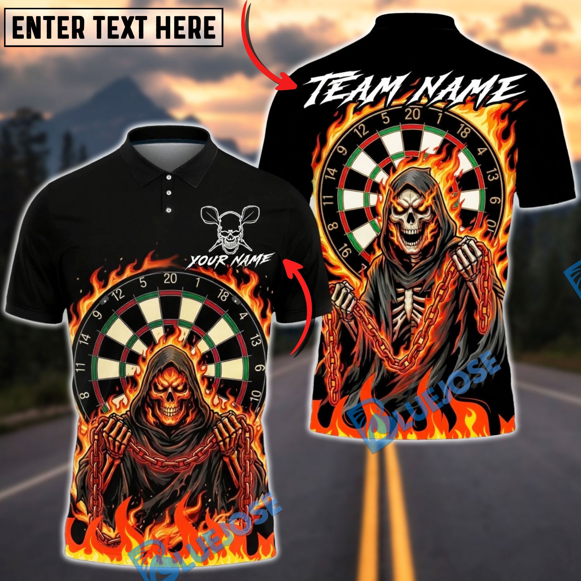 BlueJose Darts Grim Reaper Dartboard Flaming Chains Multicolor Options Personalized Name Shirt (4 Colors)