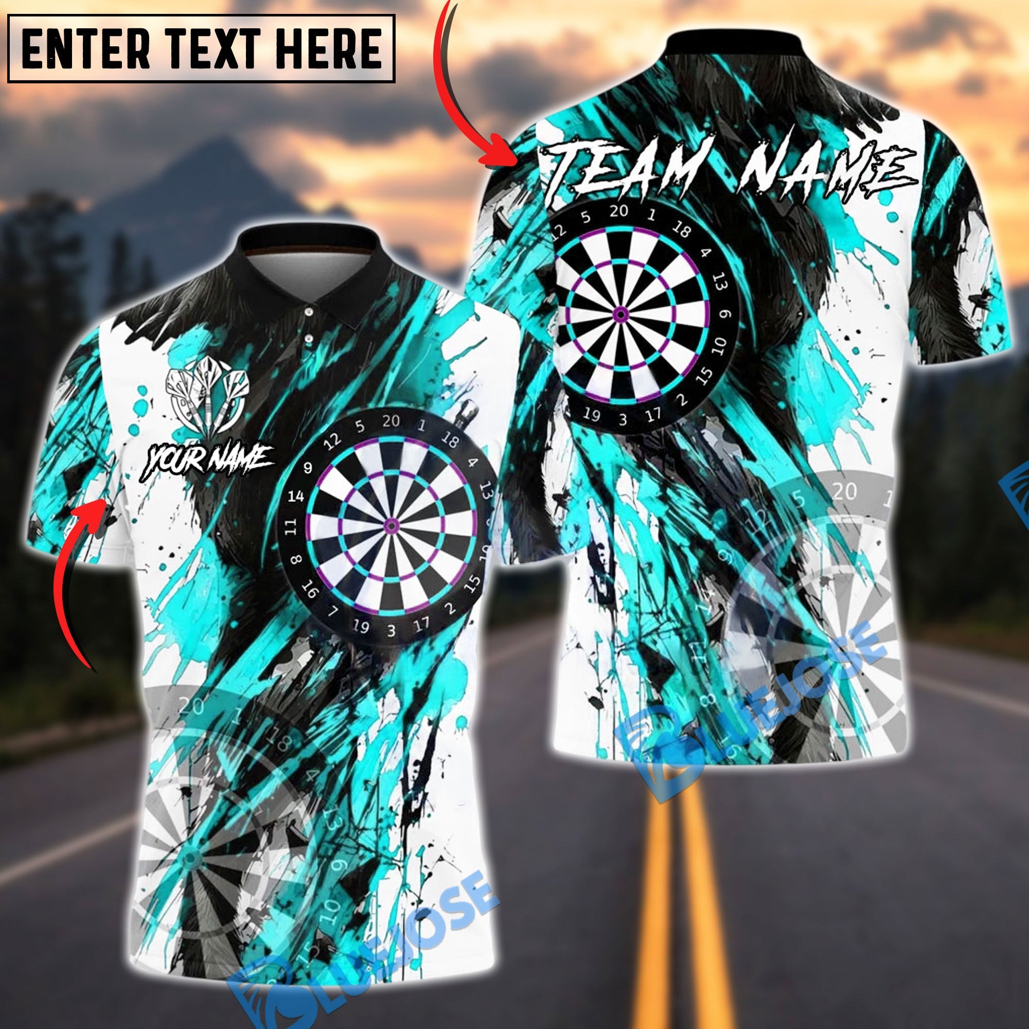 BlueJose Darts Black Abstract Dartboard Splash Customized Name, Team Name 3D Shirt (4 Colors)
