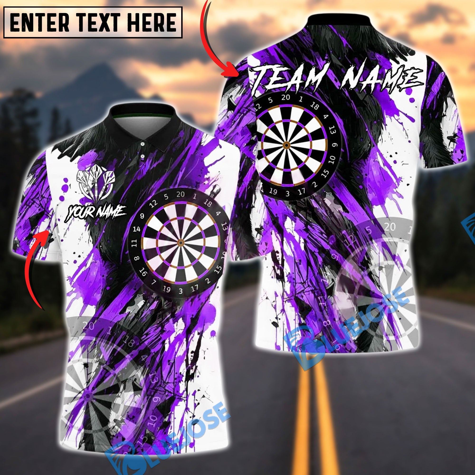 BlueJose Darts Black Abstract Dartboard Splash Customized Name, Team Name 3D Shirt (4 Colors)