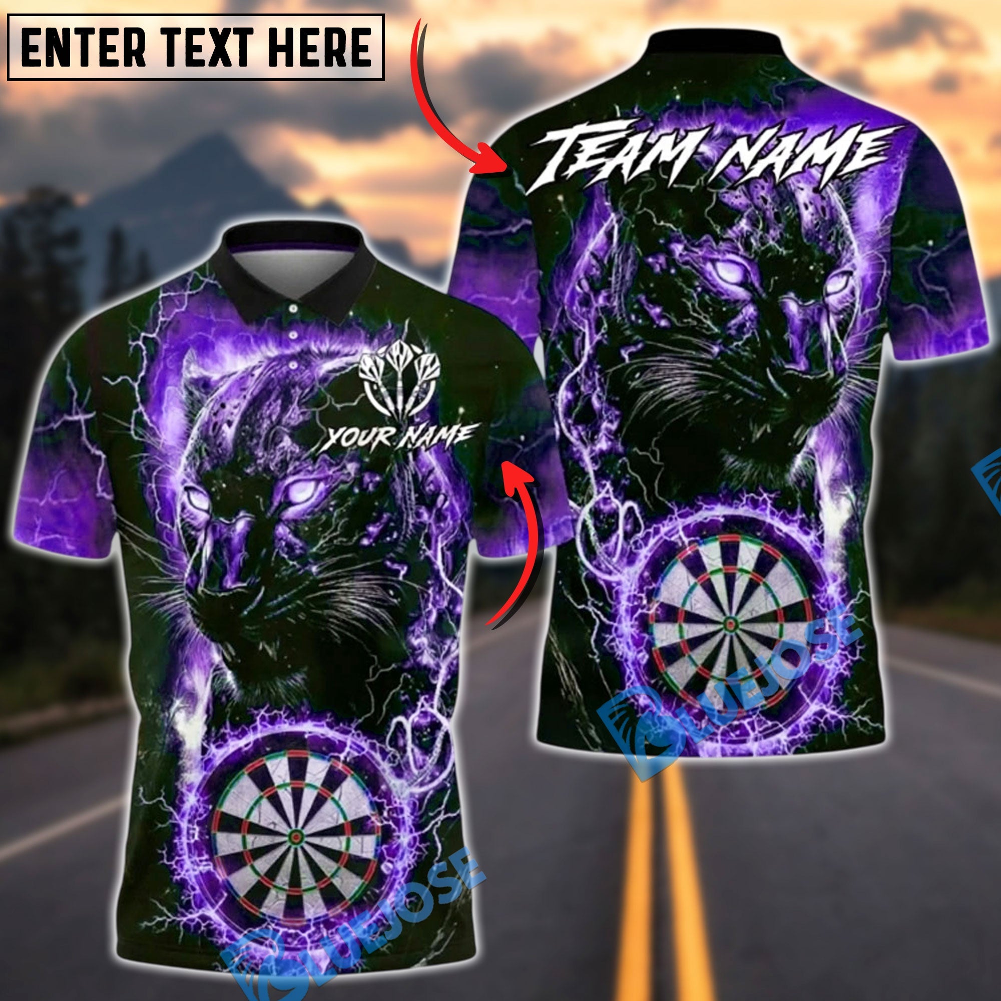 BlueJose Darts Electric Panther Lightning Dartboard Personalized Name, Team Name Shirt (6 Colors)