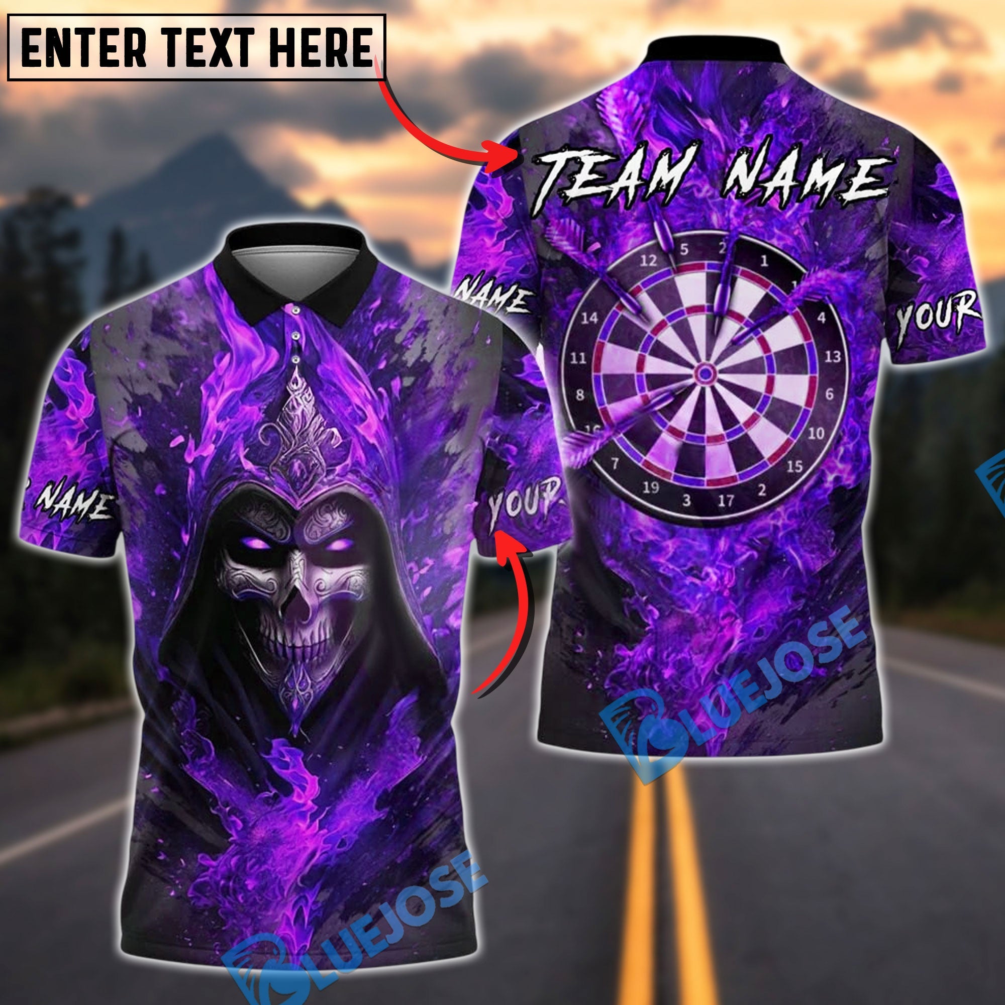 BlueJose Darts Flame Skull Fire Reaper Personalized Name, Team Name Unisex Shirt (4 Colors)