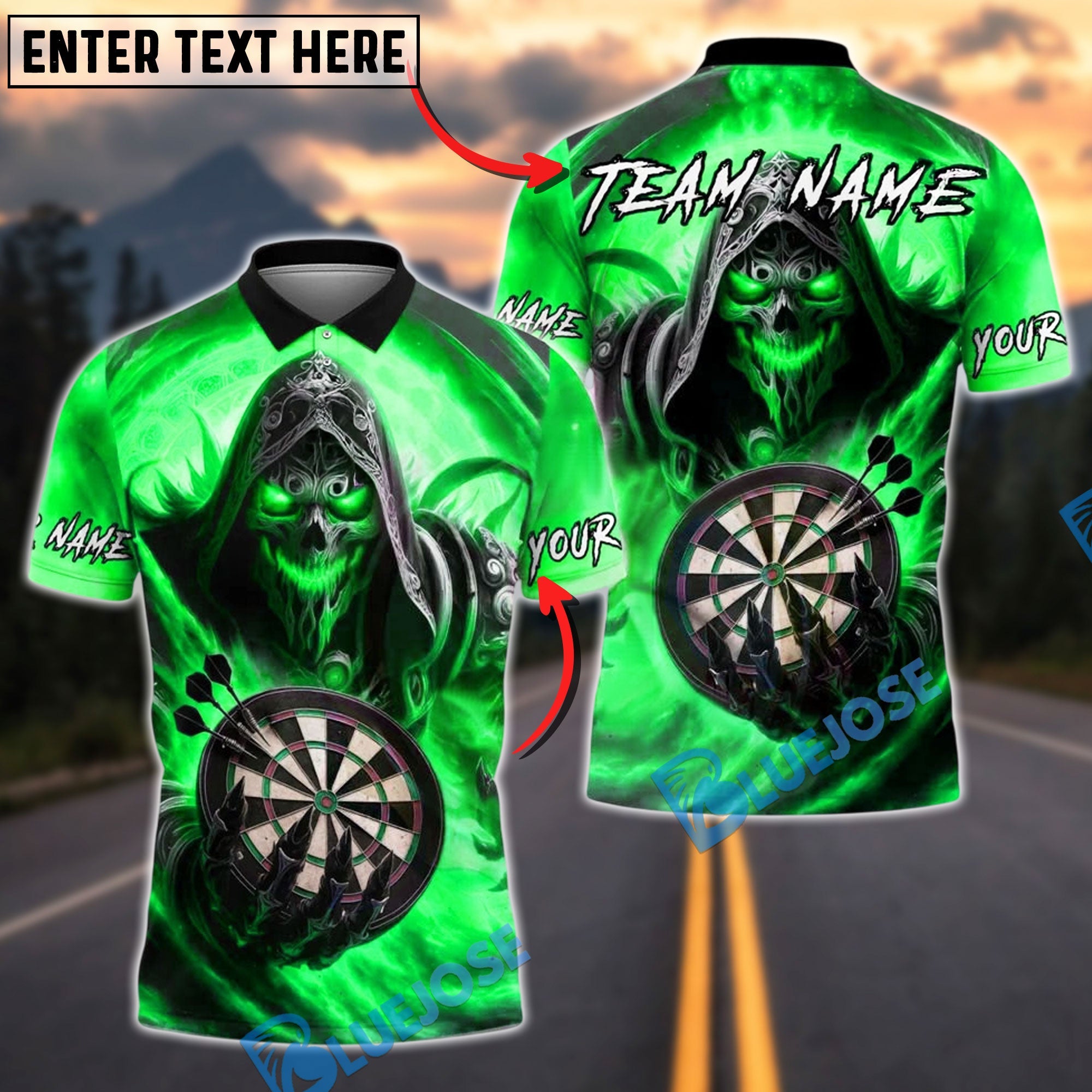 BlueJose Darts Reaper Ghost Skull Personalized Name, Team Name Unisex Shirt (4 Colors)