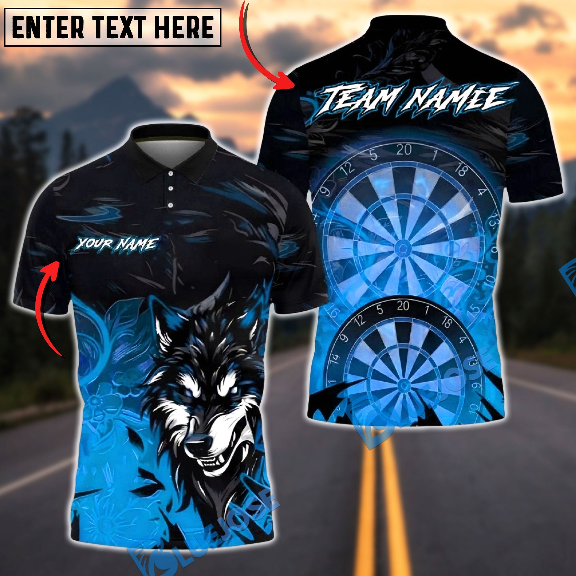 BlueJose Darts Wolf Smoke Design Multicolor Options Personalized Name Shirt (4 Colors)