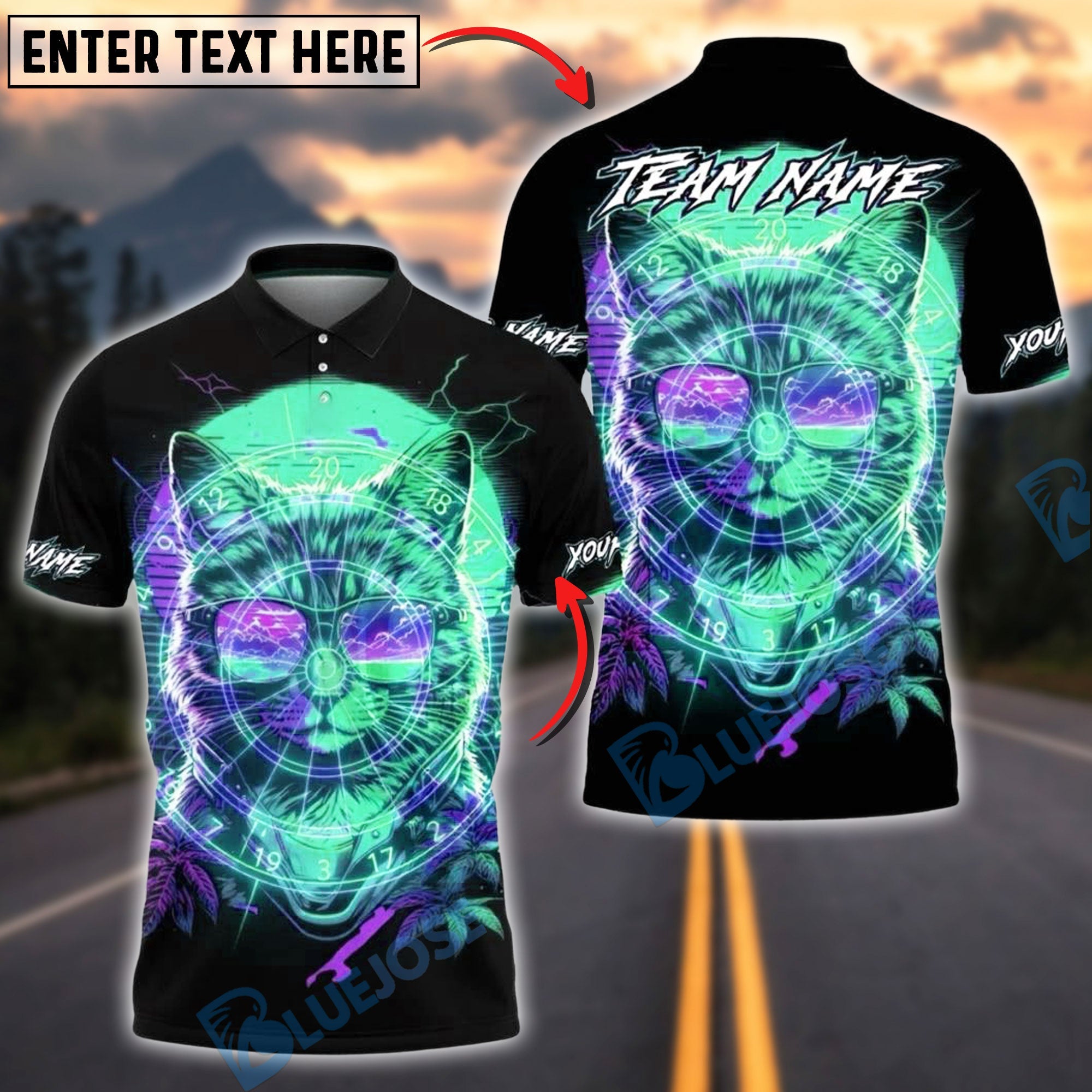 BlueJose Darts Neon Cat Cyberpunk Design Multicolor Options Personalized Name Shirt (4 Colors)