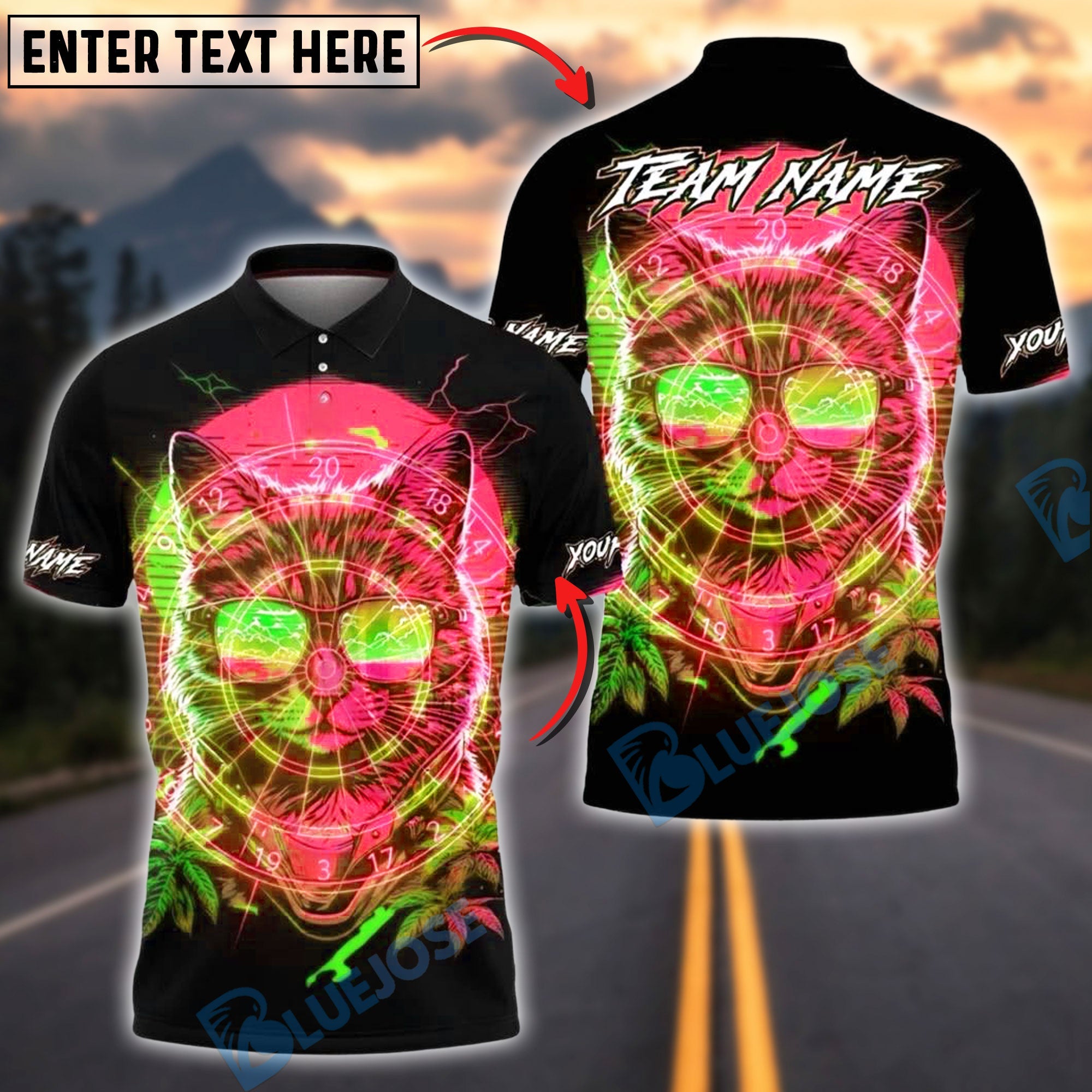 BlueJose Darts Neon Cat Cyberpunk Design Multicolor Options Personalized Name Shirt (4 Colors)