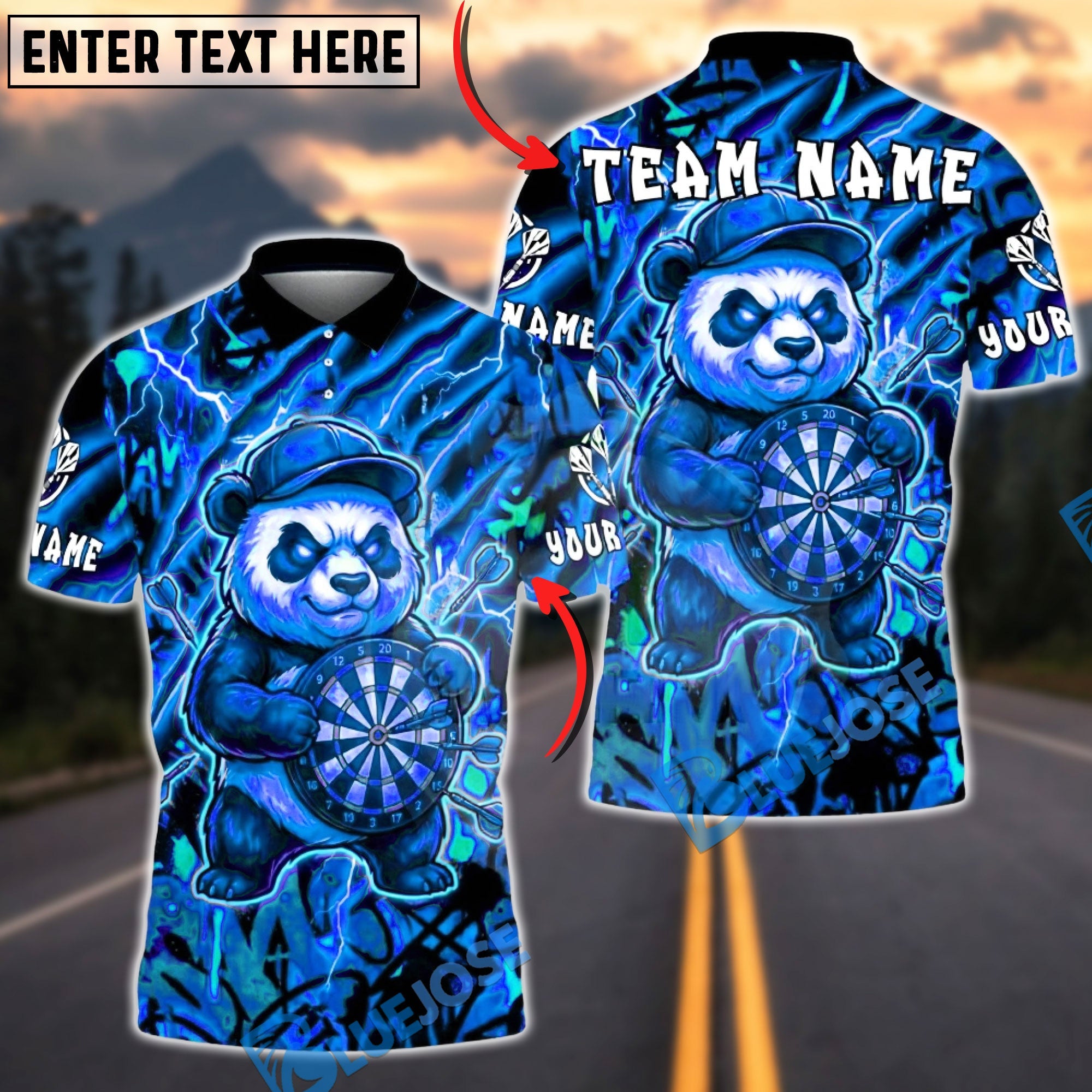 BlueJose Darts Panda Lightning Design Multicolor Options Personalized Name Shirt (4 Colors)