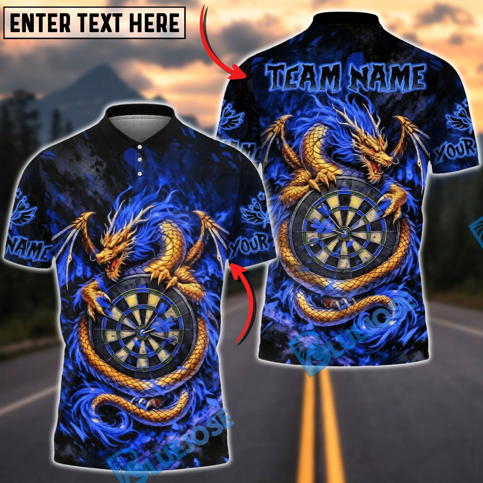 BlueJose Darts Golden Dragon Target Multicolor Options Personalized Name Shirt (6 Colors)