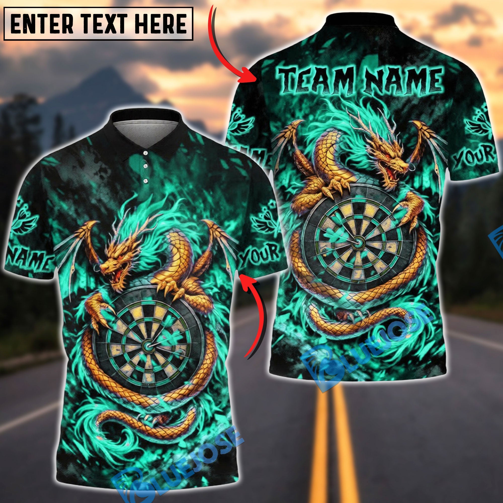 BlueJose Darts Golden Dragon Target Multicolor Options Personalized Name Shirt (6 Colors)