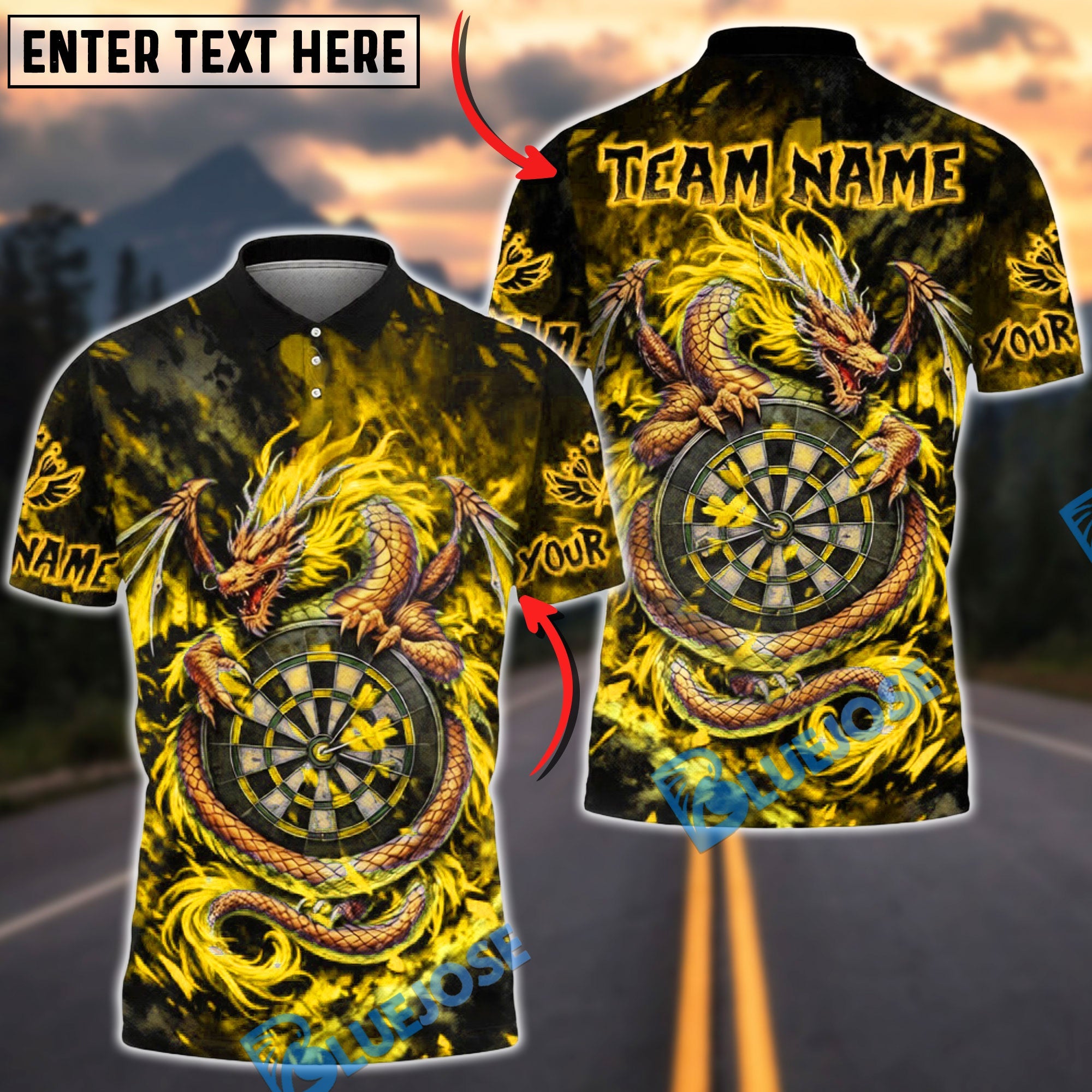 BlueJose Darts Golden Dragon Target Multicolor Options Personalized Name Shirt (6 Colors)