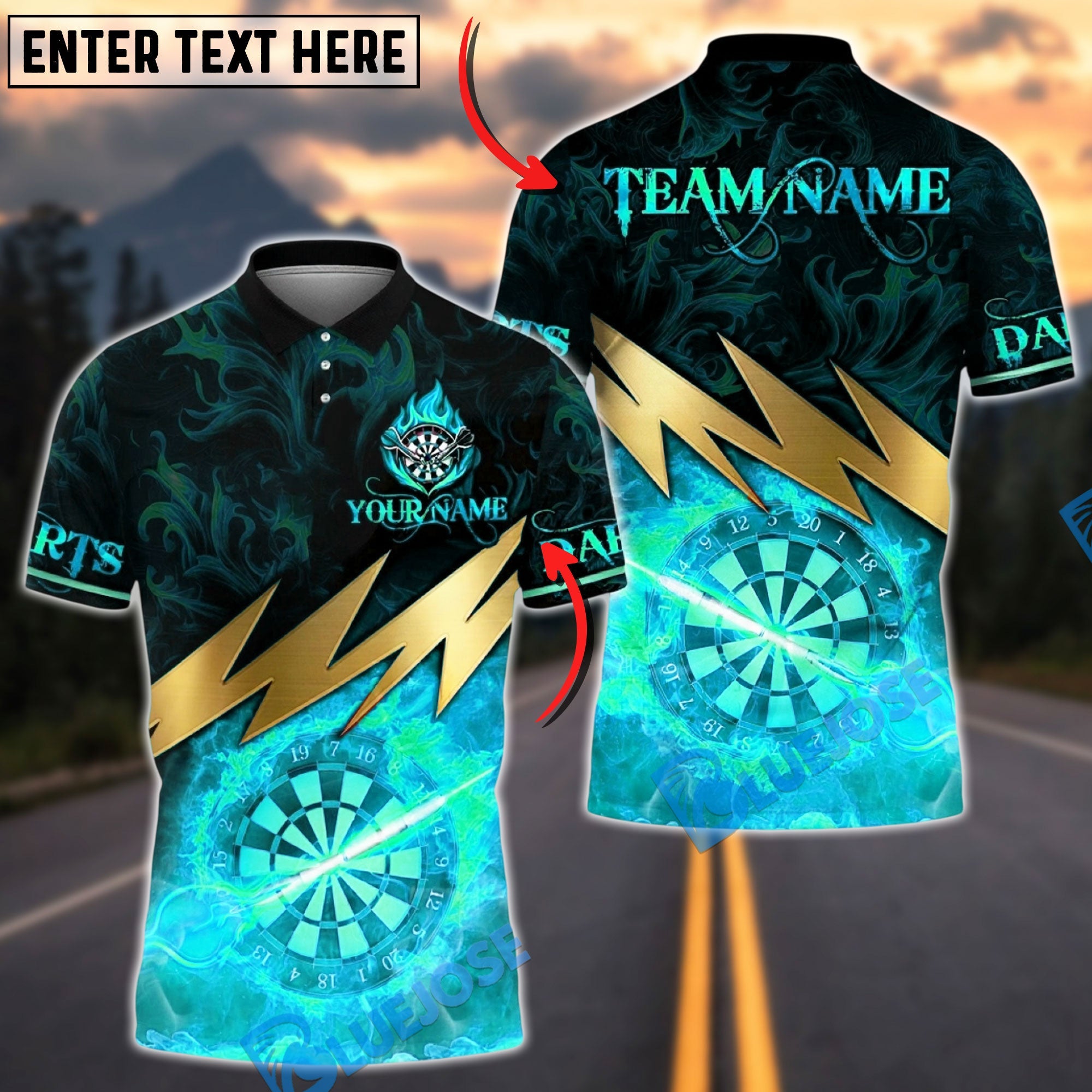 BlueJose Darts Flaming Dartboard Lightning Strike Fire Design Multicolor Options Personalized Name Shirt (4 Colors)