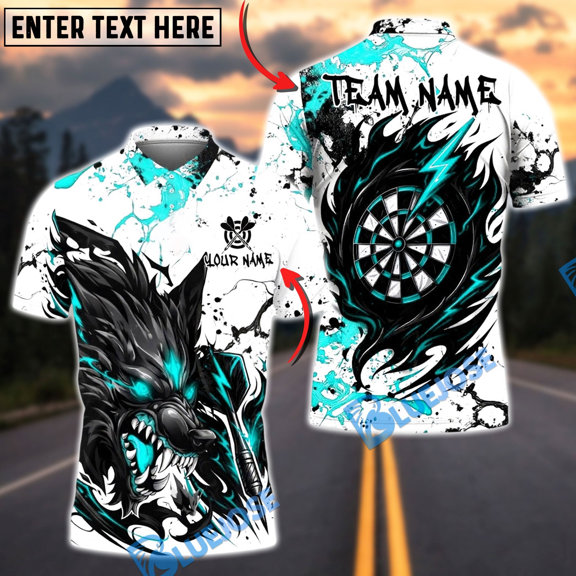 BlueJose Darts Black Wolf & Target Splash Ink 3D Design Personalized Name, Team Name Unisex Shirt (4 Colors)